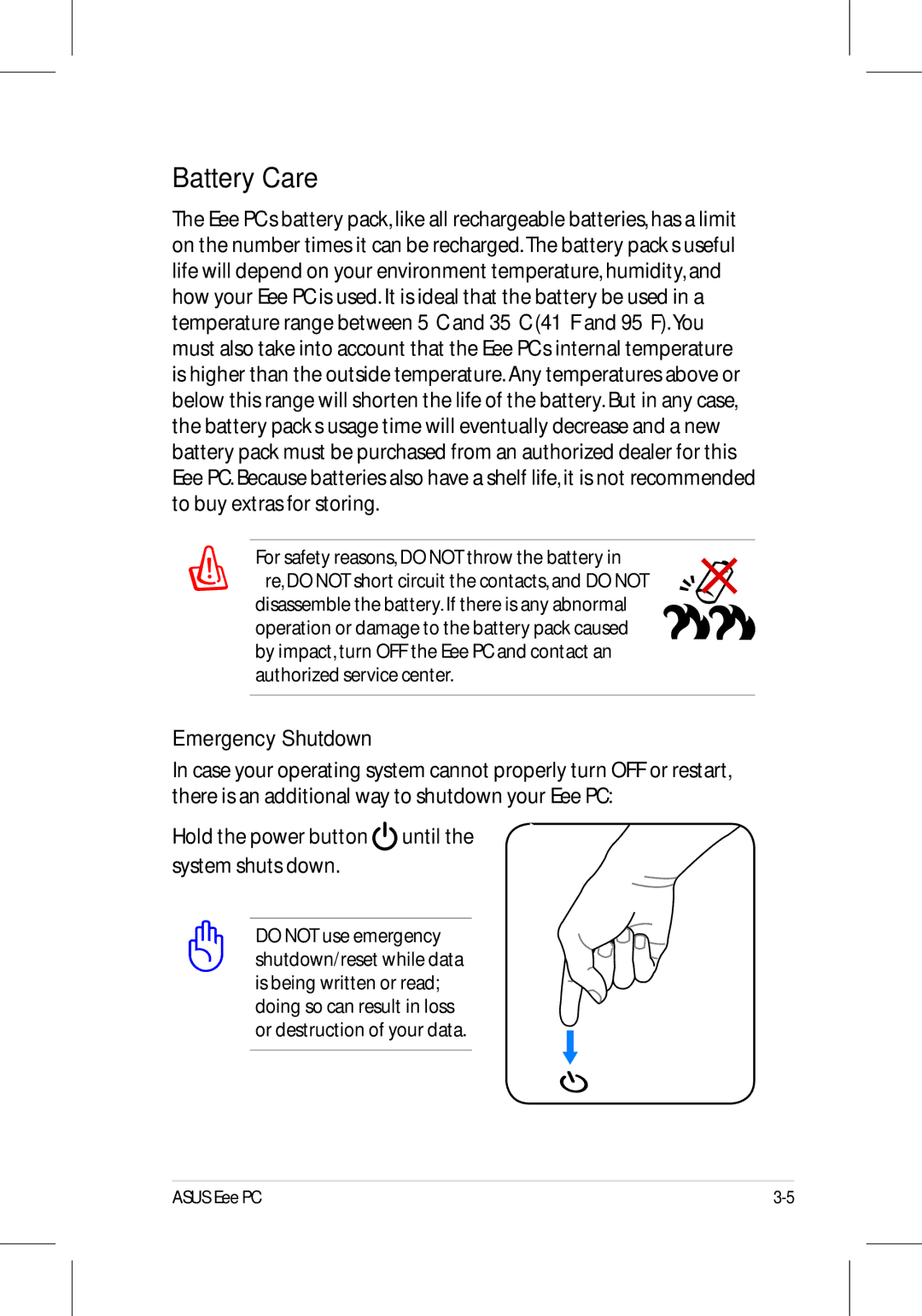 Asus 701SD manual Battery Care, Emergency Shutdown 