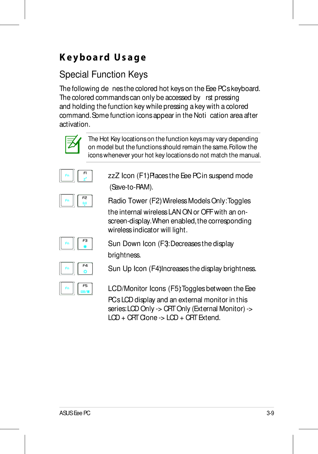 Asus 701SD manual Keyboard Usage, Special Function Keys 