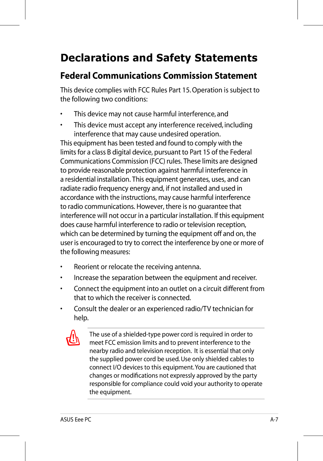 Asus 701SD manual Declarations and Safety Statements, Federal Communications Commission Statement 