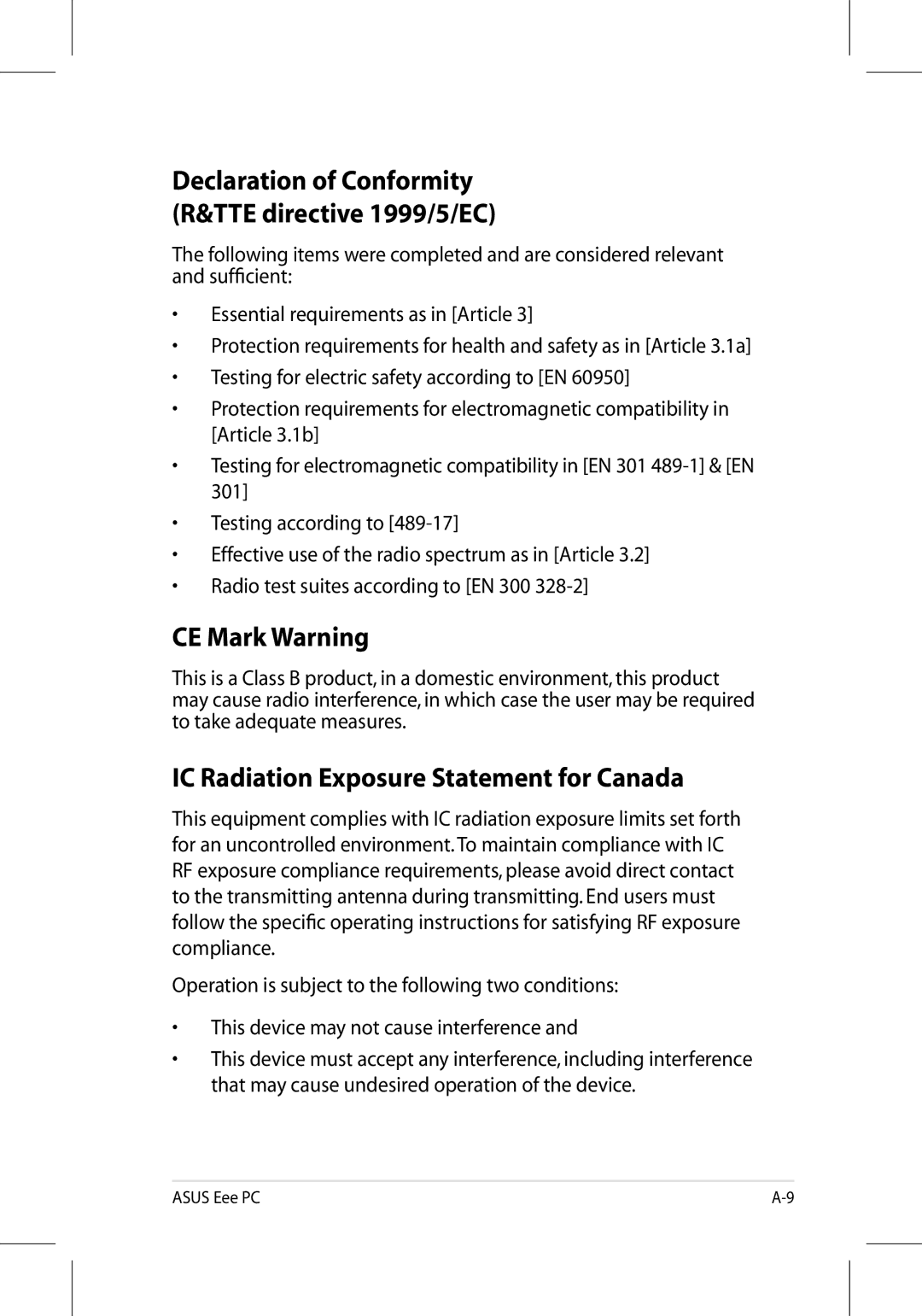 Asus 701SD manual CE Mark Warning, IC Radiation Exposure Statement for Canada 