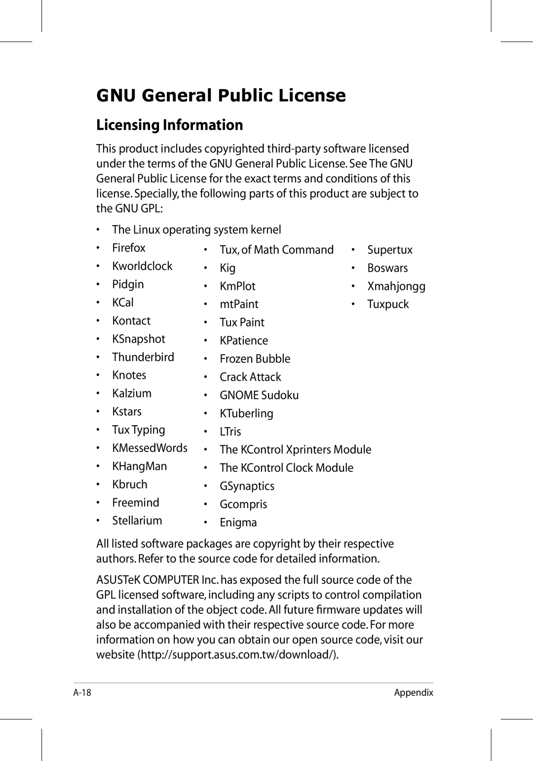 Asus 701SD manual GNU General Public License, Licensing Information 