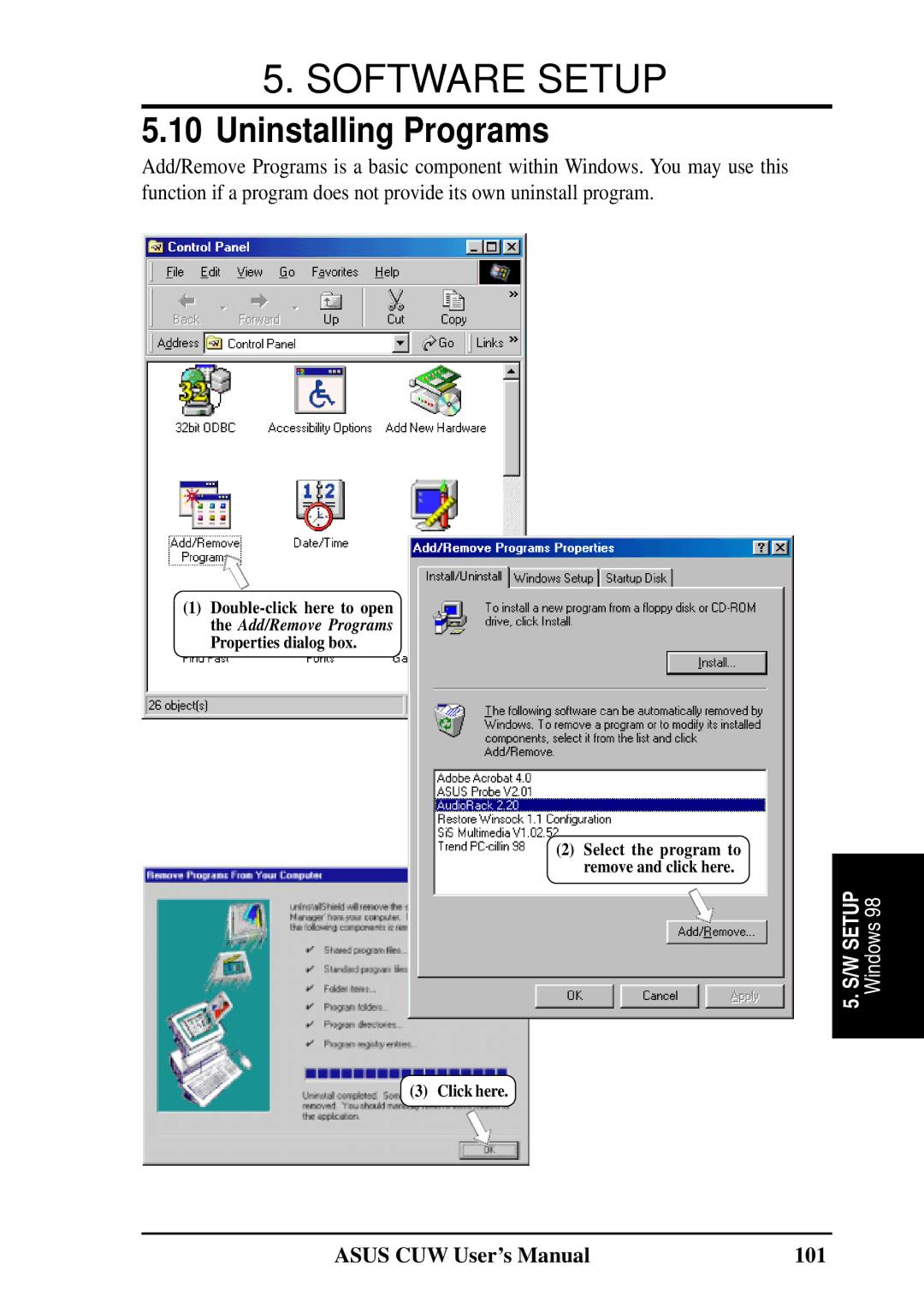 Asus 810 user manual Uninstalling Programs, Asus CUW User’s Manual 101 