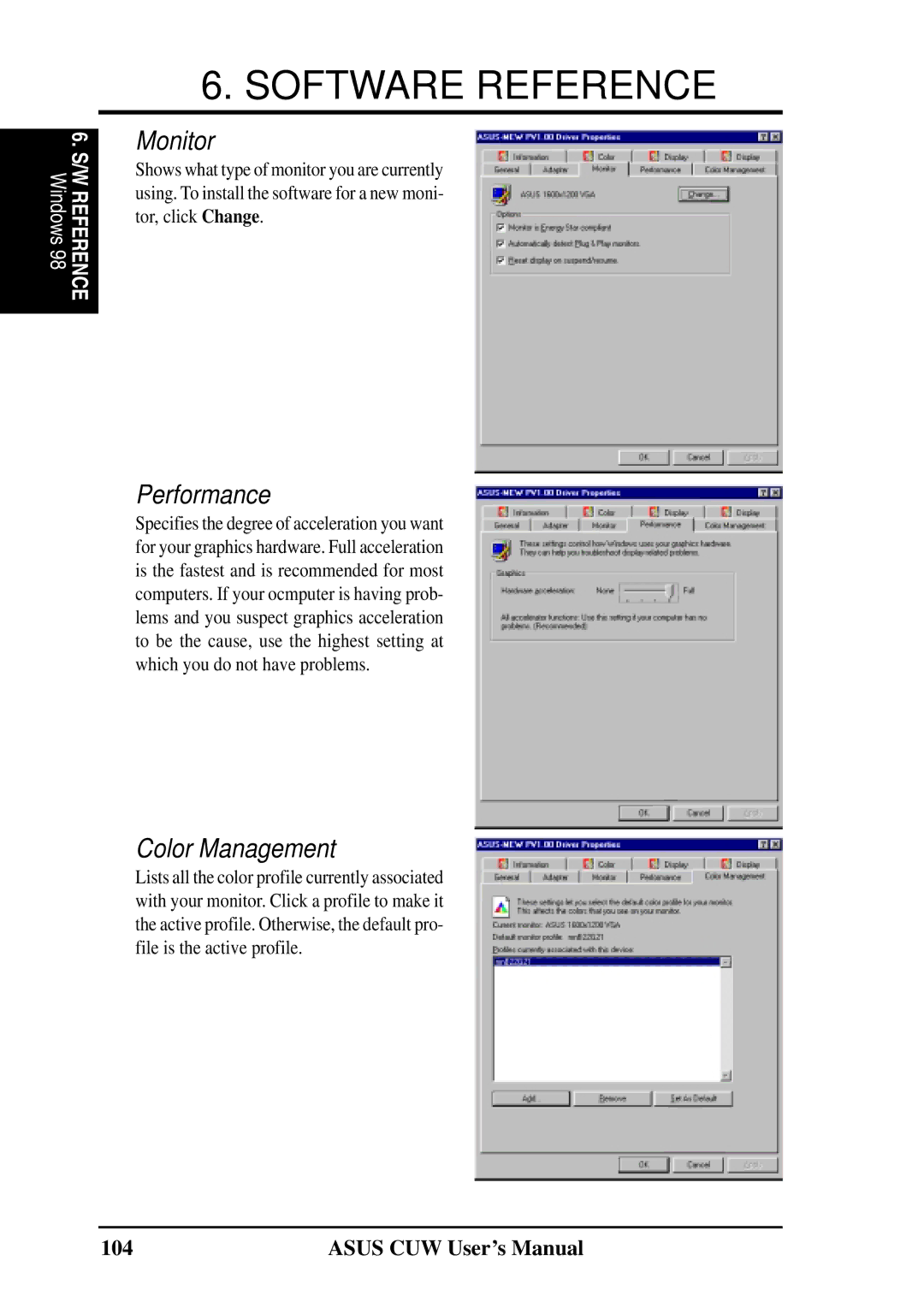 Asus 810 user manual Monitor, Performance, Color Management 