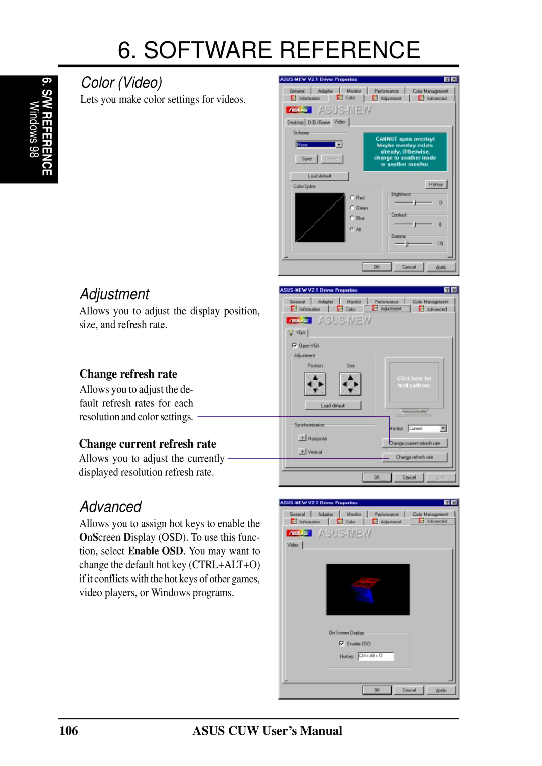 Asus 810 user manual Color Video, Adjustment, Advanced, Change refresh rate, Change current refresh rate 