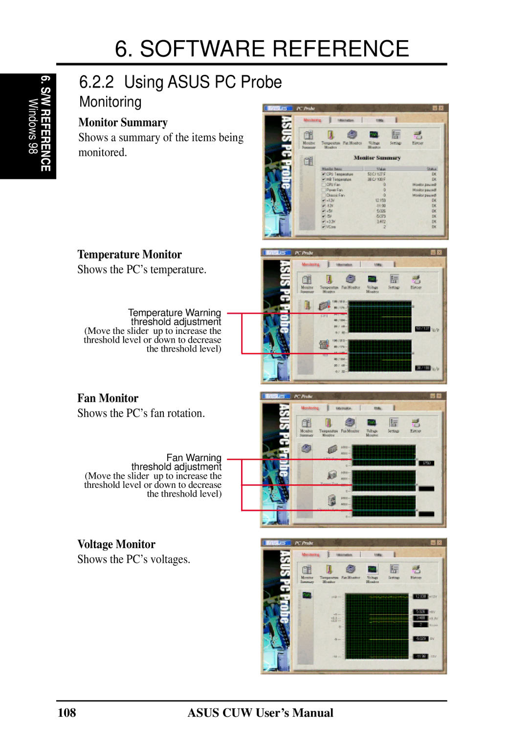 Asus 810 user manual Using Asus PC Probe, Monitor Summary, Temperature Monitor, Fan Monitor, Voltage Monitor 