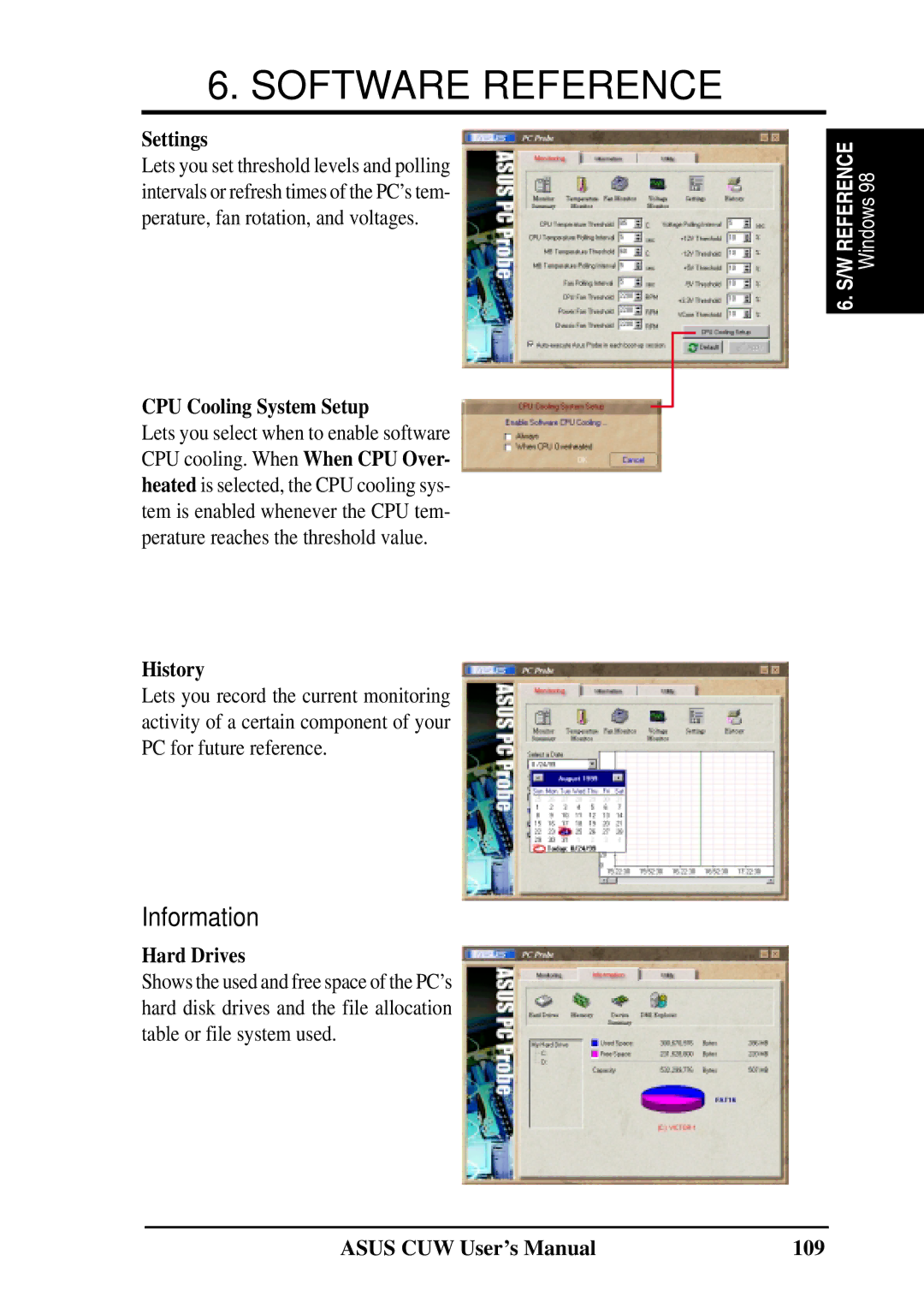 Asus 810 user manual Settings, CPU Cooling System Setup, History, Hard Drives, Asus CUW User’s Manual 109 