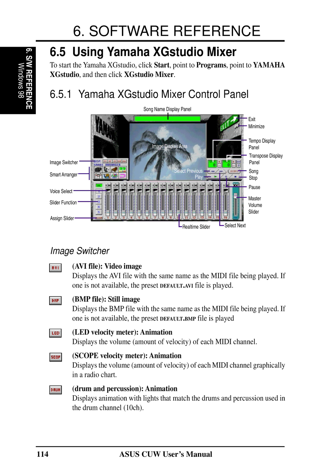 Asus 810 user manual Using Yamaha XGstudio Mixer, Yamaha XGstudio Mixer Control Panel, Image Switcher 