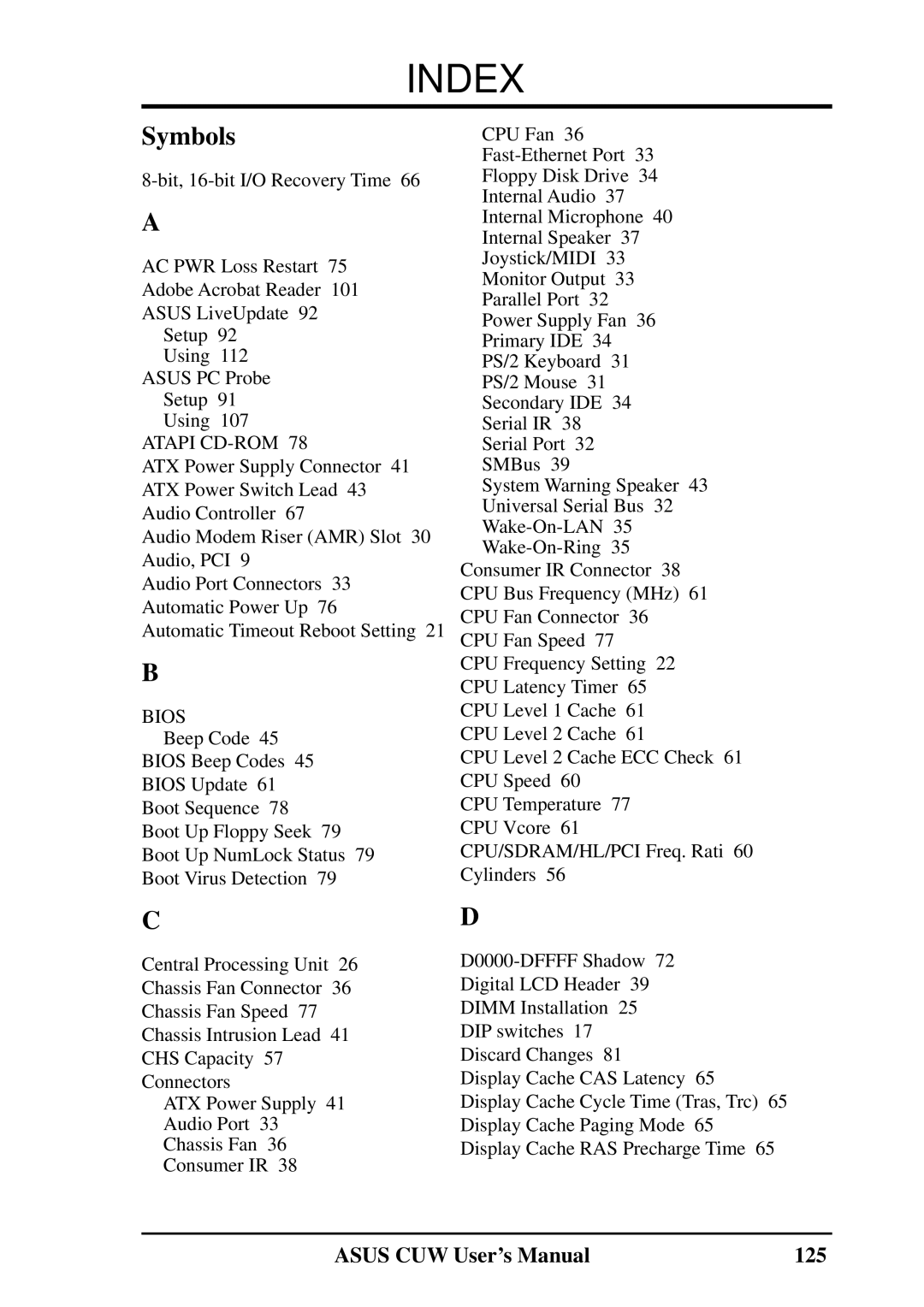Asus 810 user manual Index, Asus CUW User’s Manual 125 