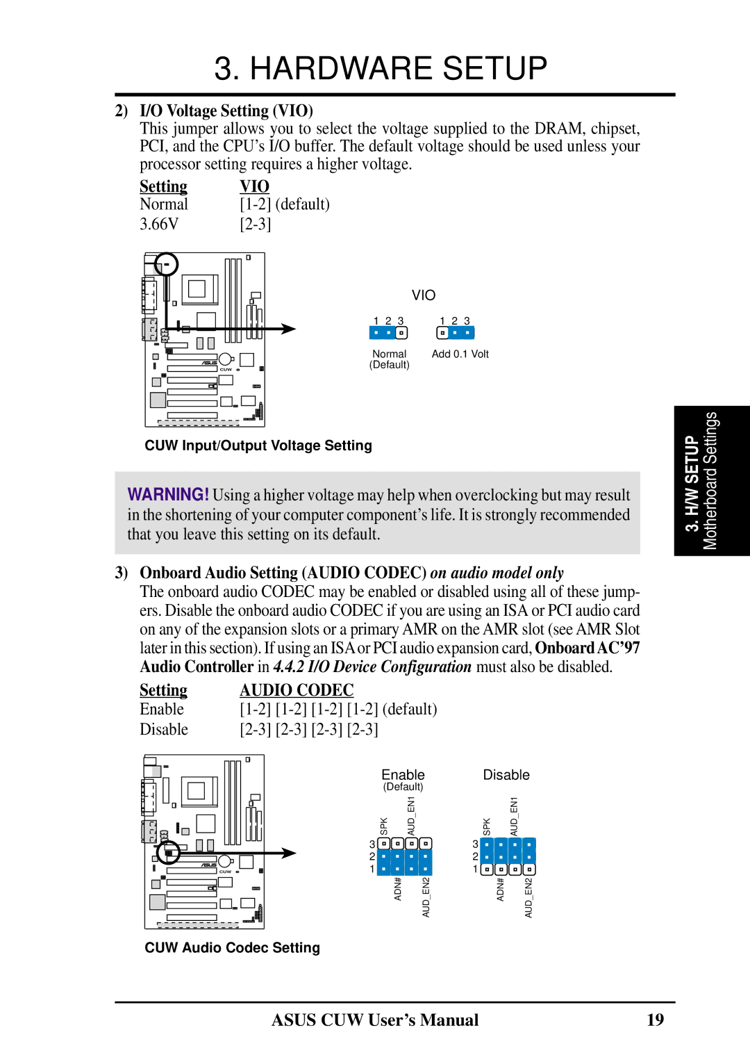 Asus 810 user manual O Voltage Setting VIO, Onboard Audio Setting Audio Codec on audio model only 