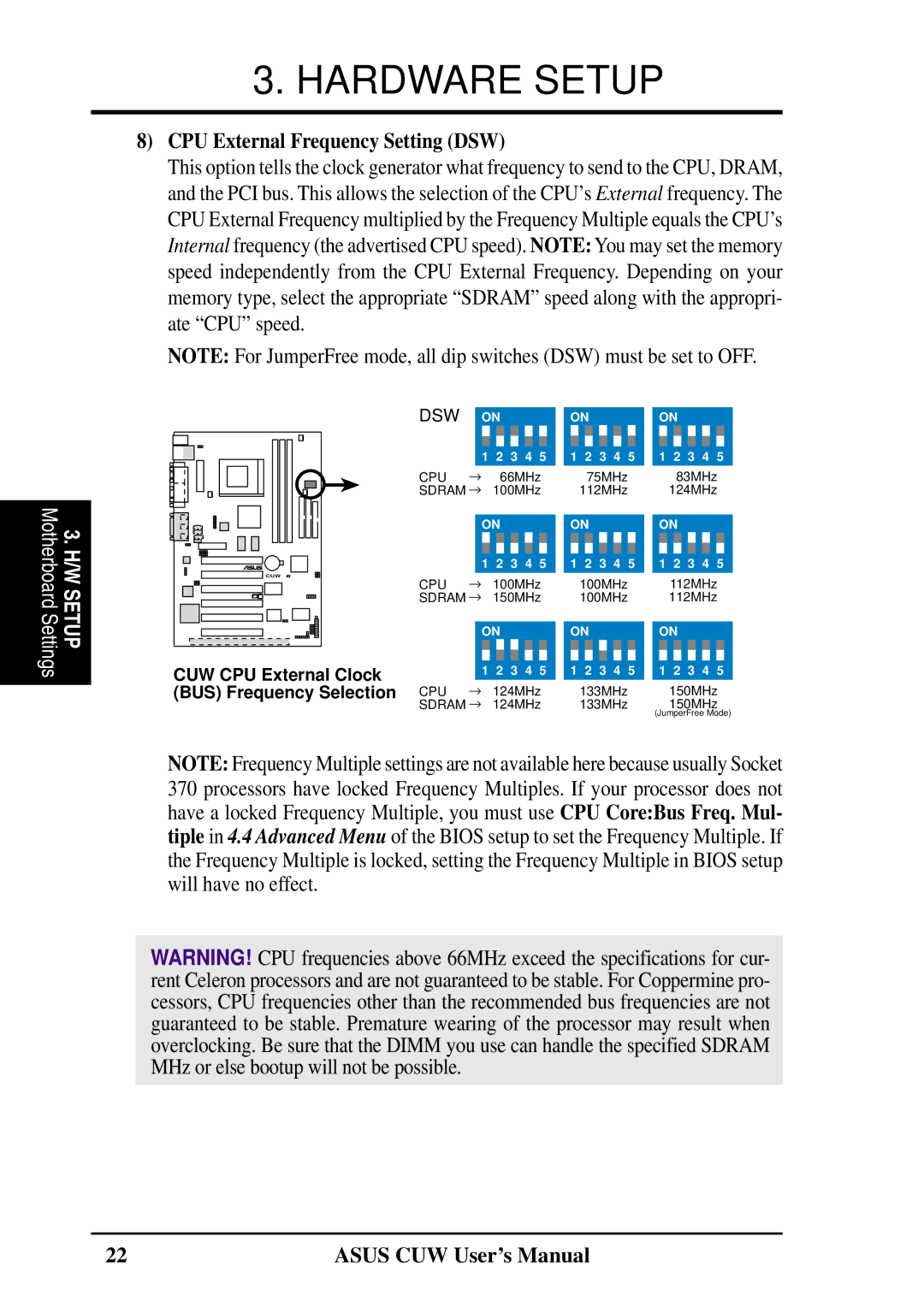 Asus 810 user manual CPU External Frequency Setting DSW, Dsw 