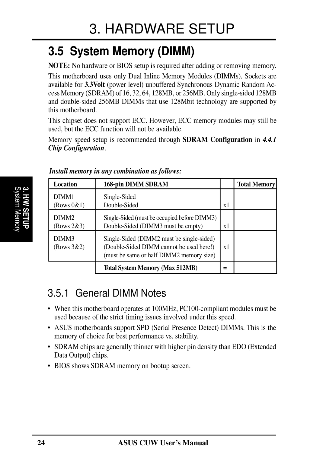 Asus 810 user manual System Memory Dimm, General Dimm Notes 