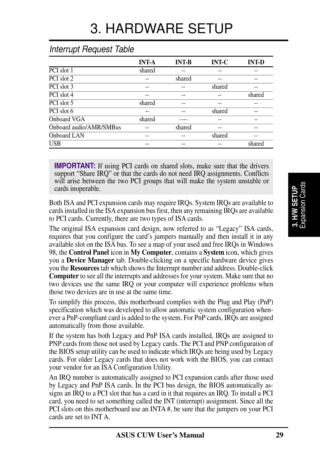 Asus 810 user manual Interrupt Request Table, Int-B 