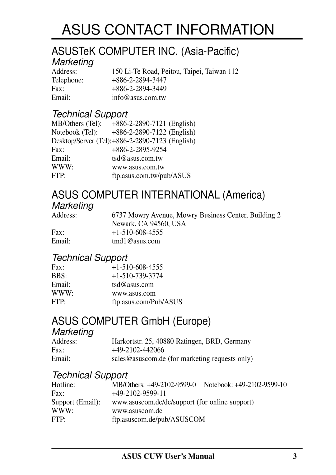 Asus 810 user manual Asus Contact Information, ASUSTeK Computer INC. Asia-Pacific, Asus Computer International America 