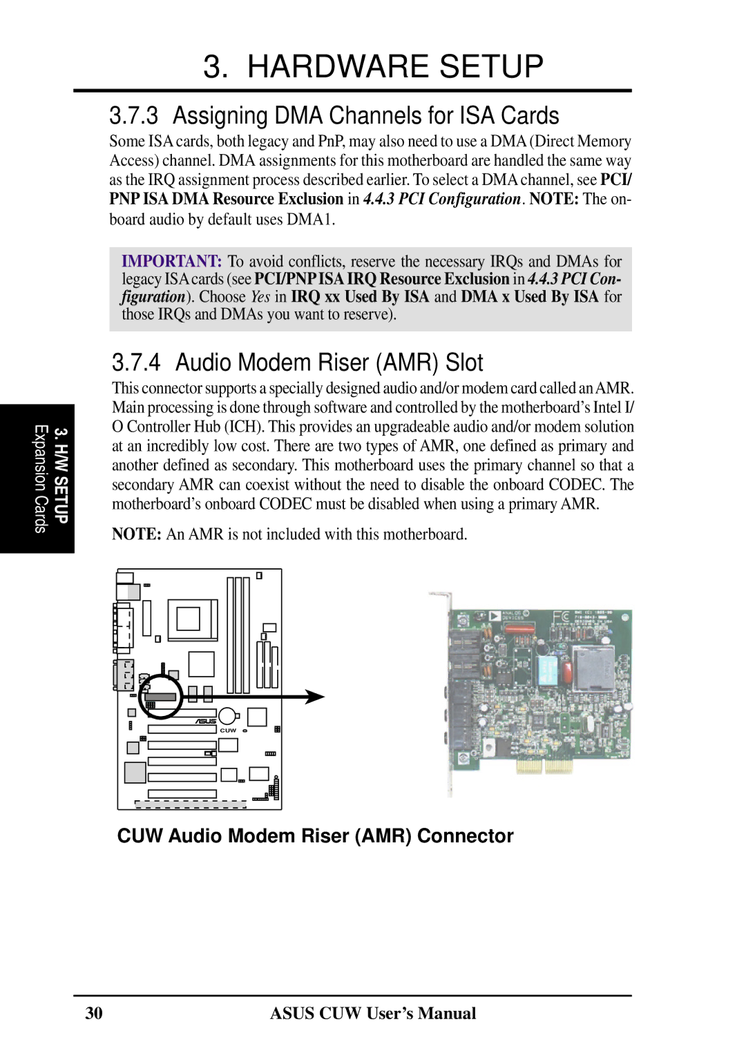 Asus 810 user manual Assigning DMA Channels for ISA Cards, Audio Modem Riser AMR Slot 