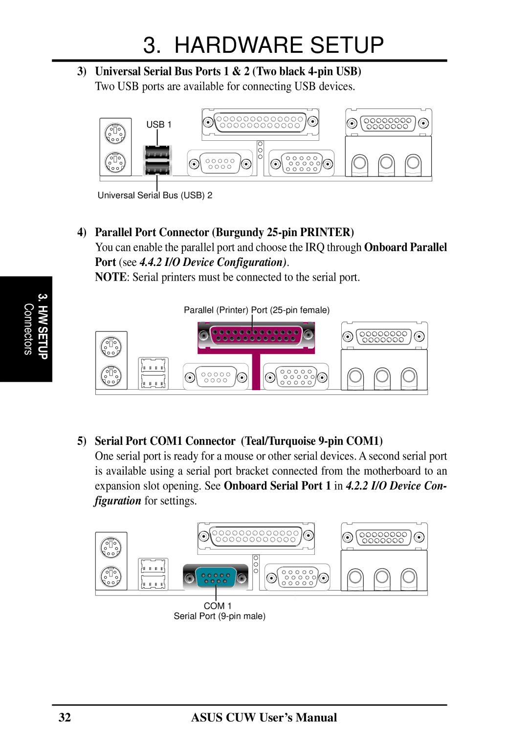 Asus 810 user manual Parallel Port Connector Burgundy 25-pin Printer, Serial Port COM1 Connector Teal/Turquoise 9-pin COM1 