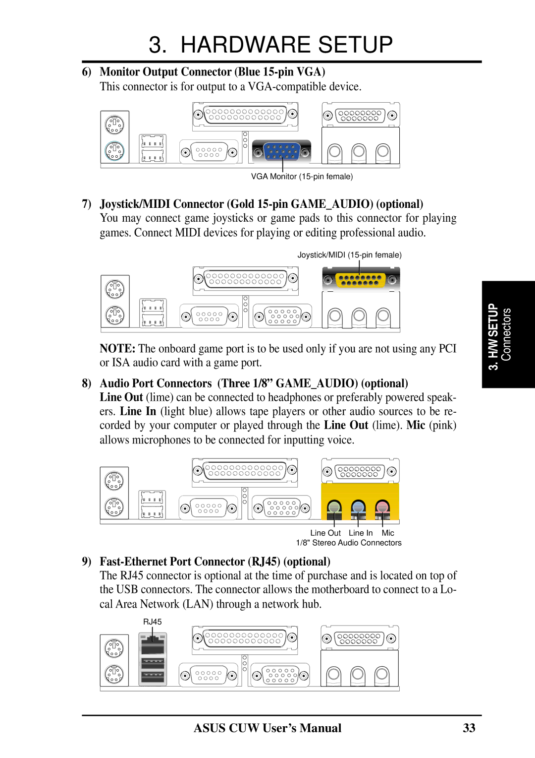 Asus 810 user manual Monitor Output Connector Blue 15-pin VGA, Joystick/MIDI Connector Gold 15-pin Gameaudio optional 