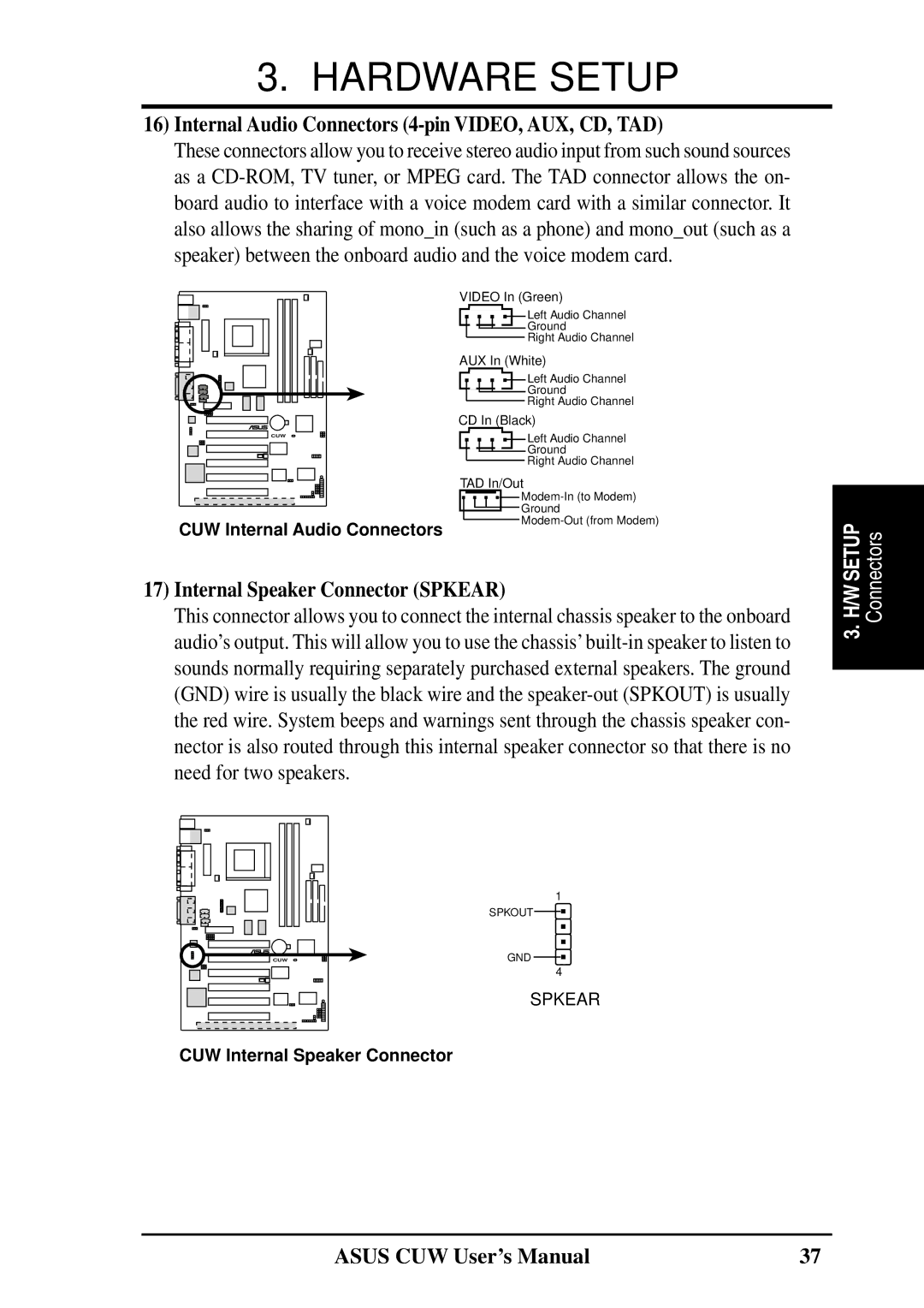 Asus 810 user manual Internal Audio Connectors 4-pin VIDEO, AUX, CD, TAD, Internal Speaker Connector Spkear 