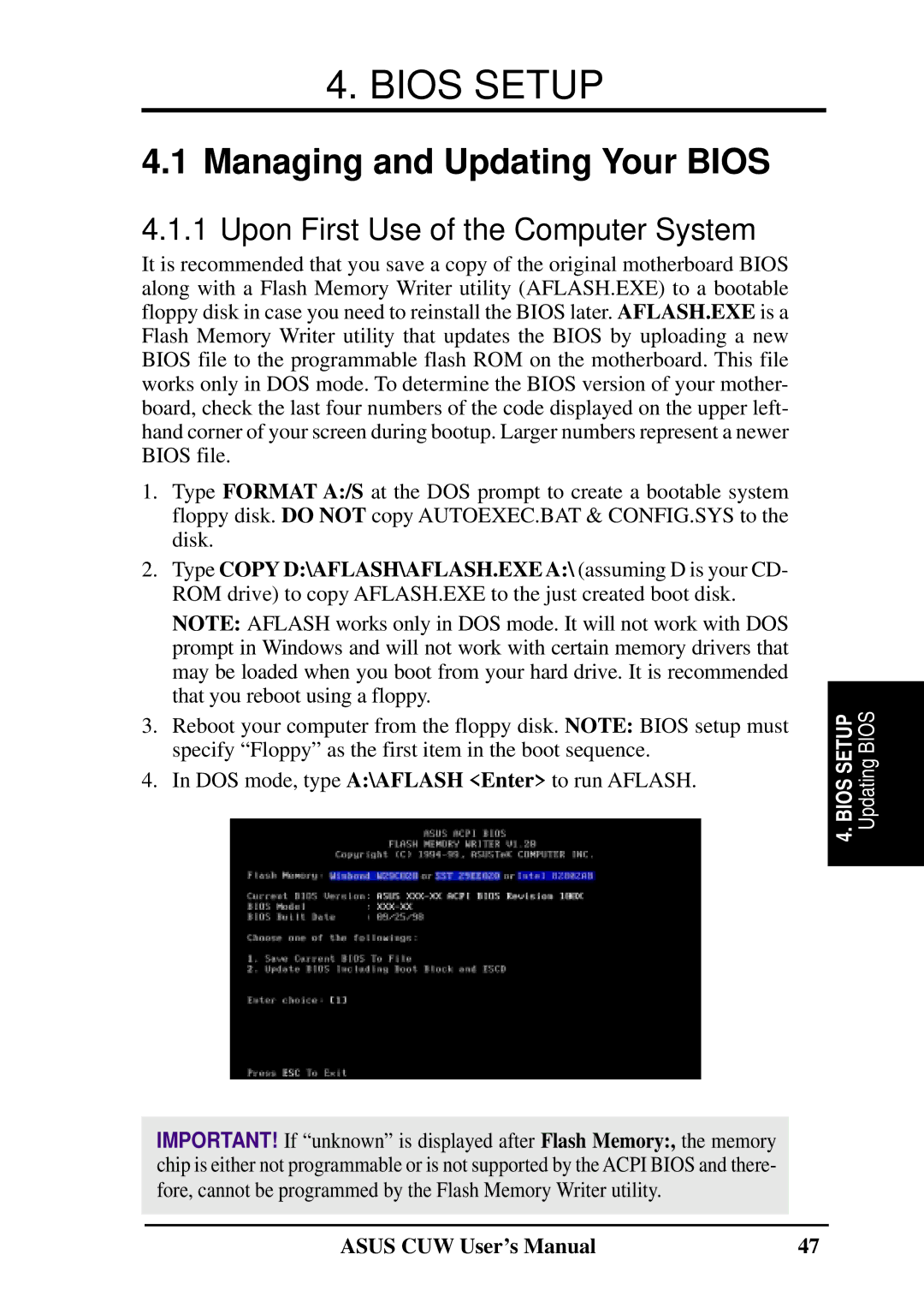 Asus 810 user manual Bios Setup, Managing and Updating Your Bios, Upon First Use of the Computer System 