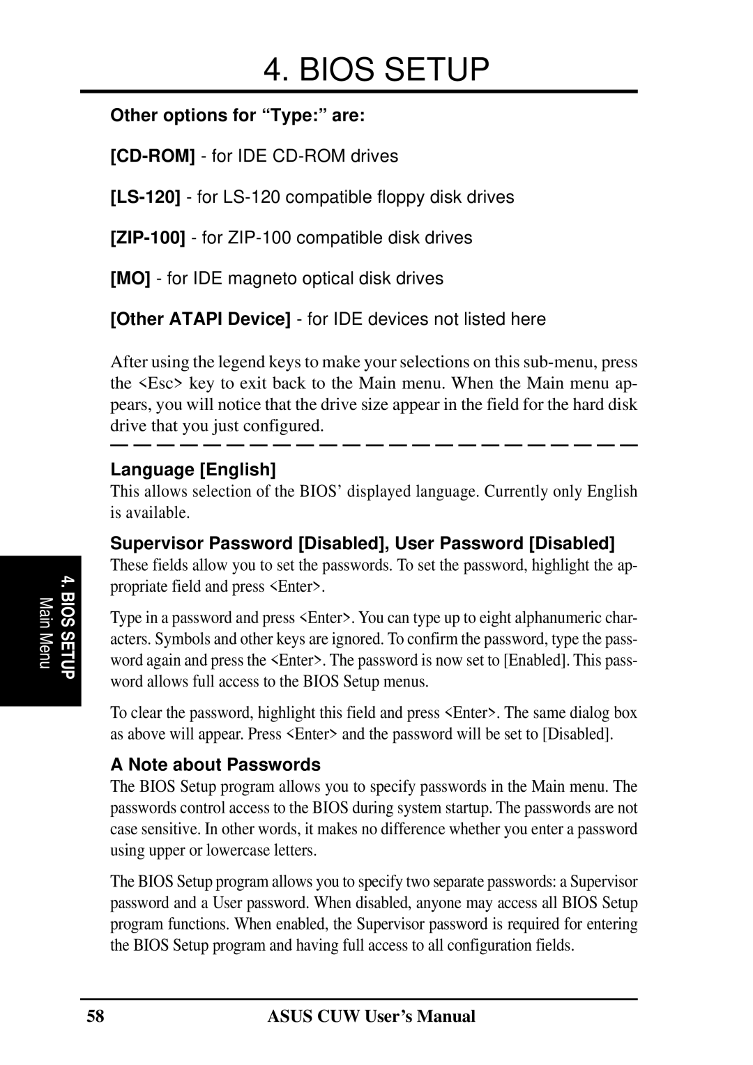 Asus 810 user manual Other options for Type are, Language English, Supervisor Password Disabled, User Password Disabled 