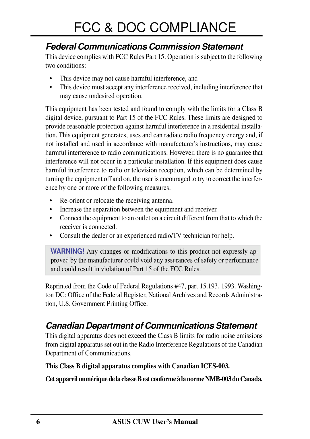 Asus 810 user manual FCC & DOC Compliance, Federal Communications Commission Statement 