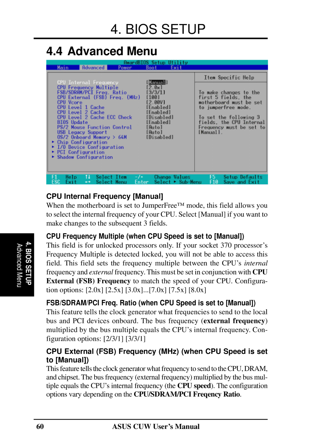 Asus 810 user manual Advanced Menu, CPU Internal Frequency Manual, CPU Frequency Multiple when CPU Speed is set to Manual 