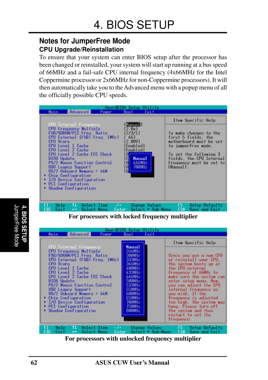 Asus 810 user manual CPU Upgrade/Reinstallation, For processors with locked frequency multiplier 