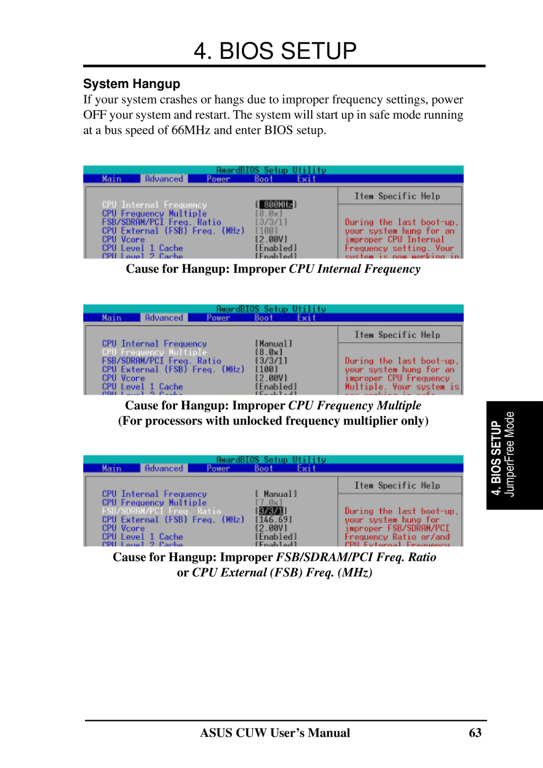 Asus 810 user manual System Hangup, Cause for Hangup Improper CPU Internal Frequency 