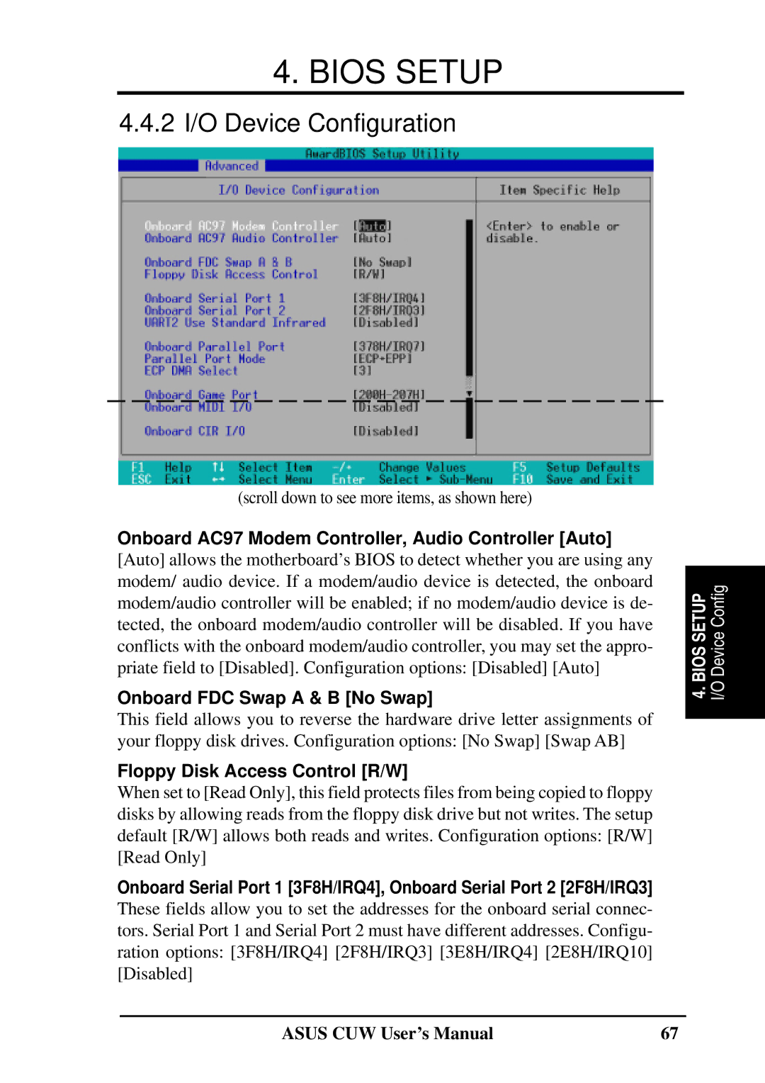 Asus 810 user manual 2 I/O Device Configuration, Onboard FDC Swap a & B No Swap, Floppy Disk Access Control R/W 