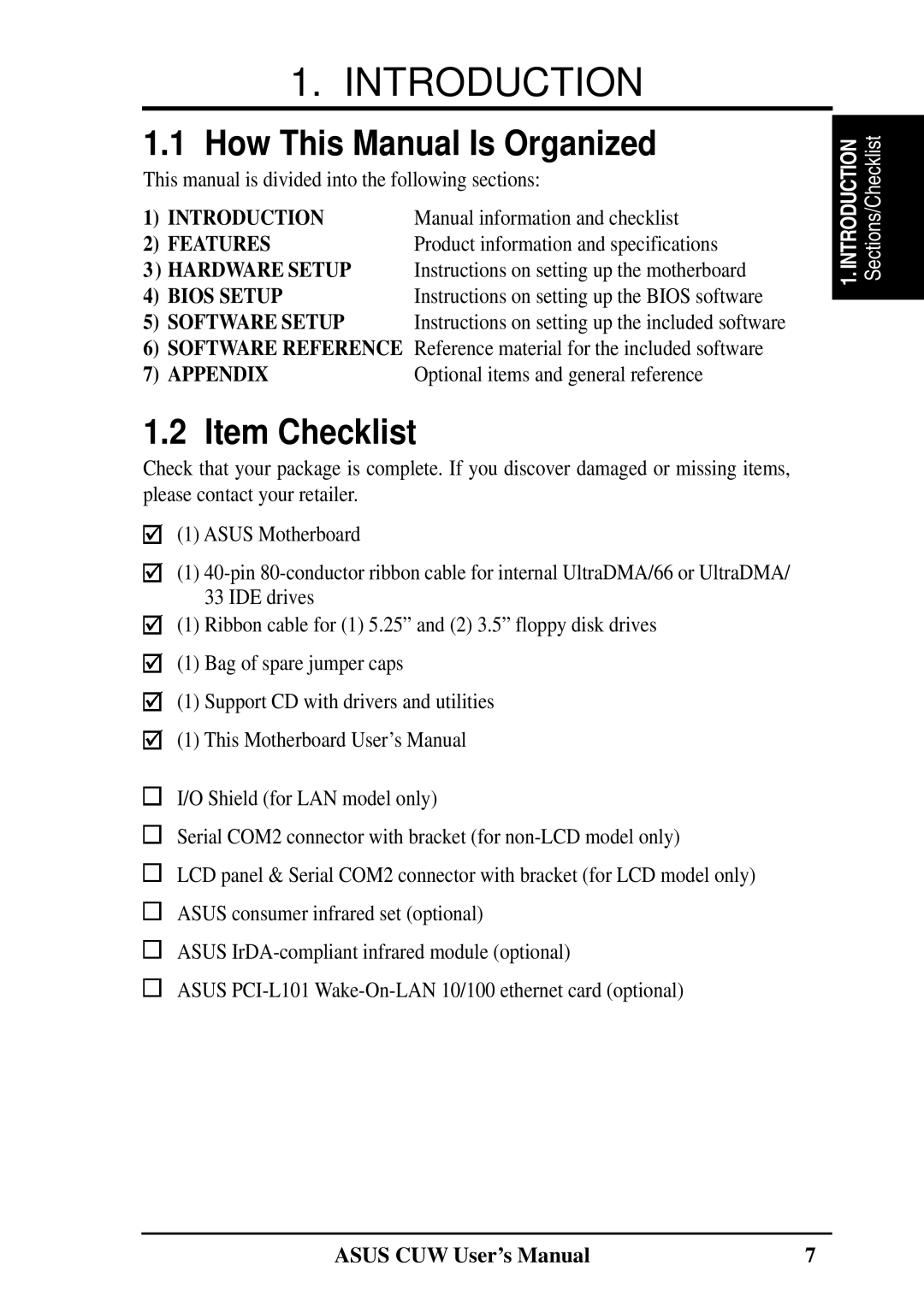 Asus 810 user manual Introduction, How This Manual Is Organized, Item Checklist 