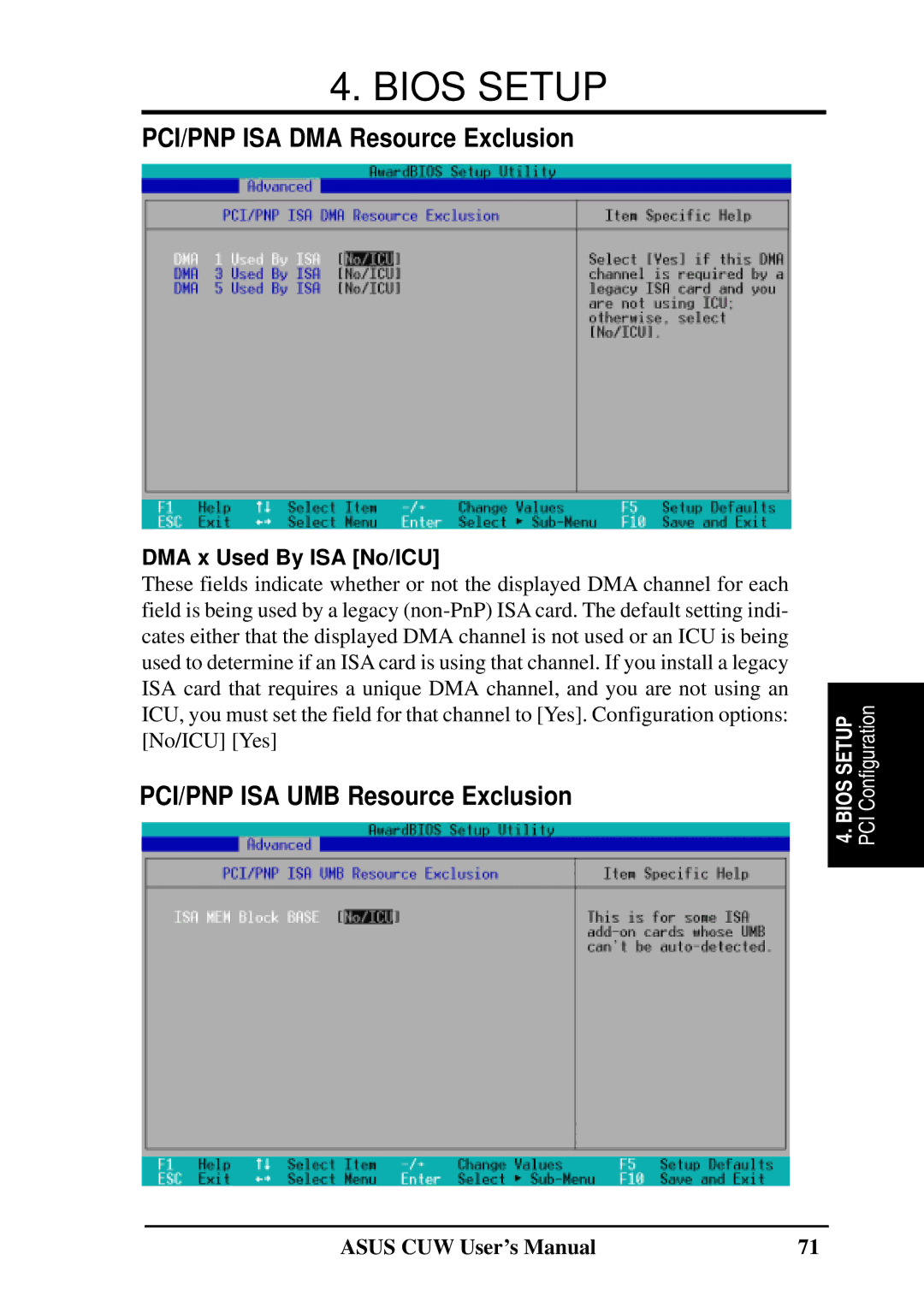 Asus 810 user manual PCI/PNP ISA DMA Resource Exclusion, DMA x Used By ISA No/ICU 