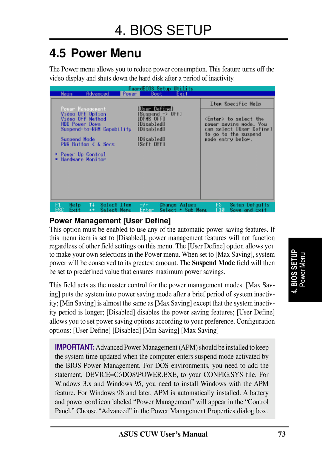 Asus 810 user manual Power Menu, Power Management User Define 