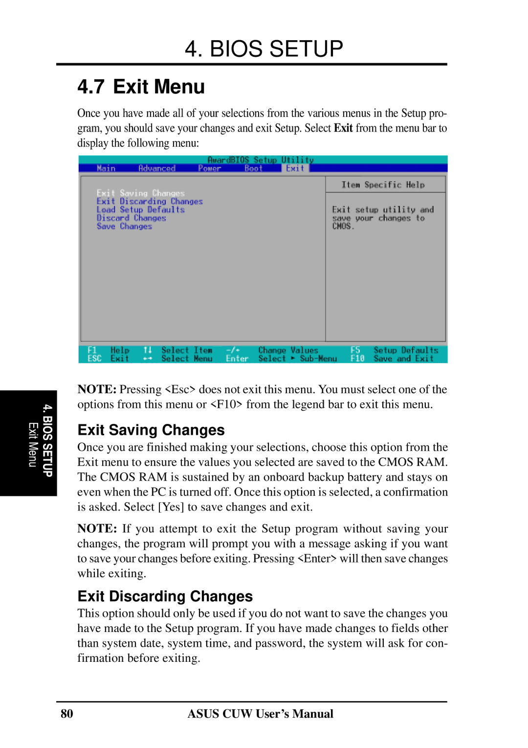 Asus 810 user manual Exit Menu, Exit Saving Changes 