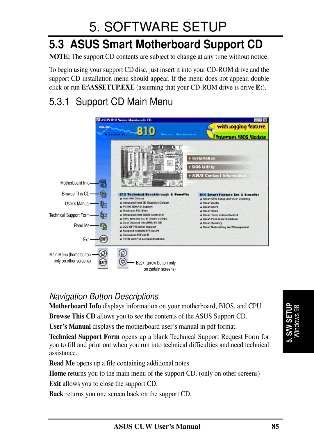 Asus 810 user manual Asus Smart Motherboard Support CD, Support CD Main Menu, Navigation Button Descriptions 