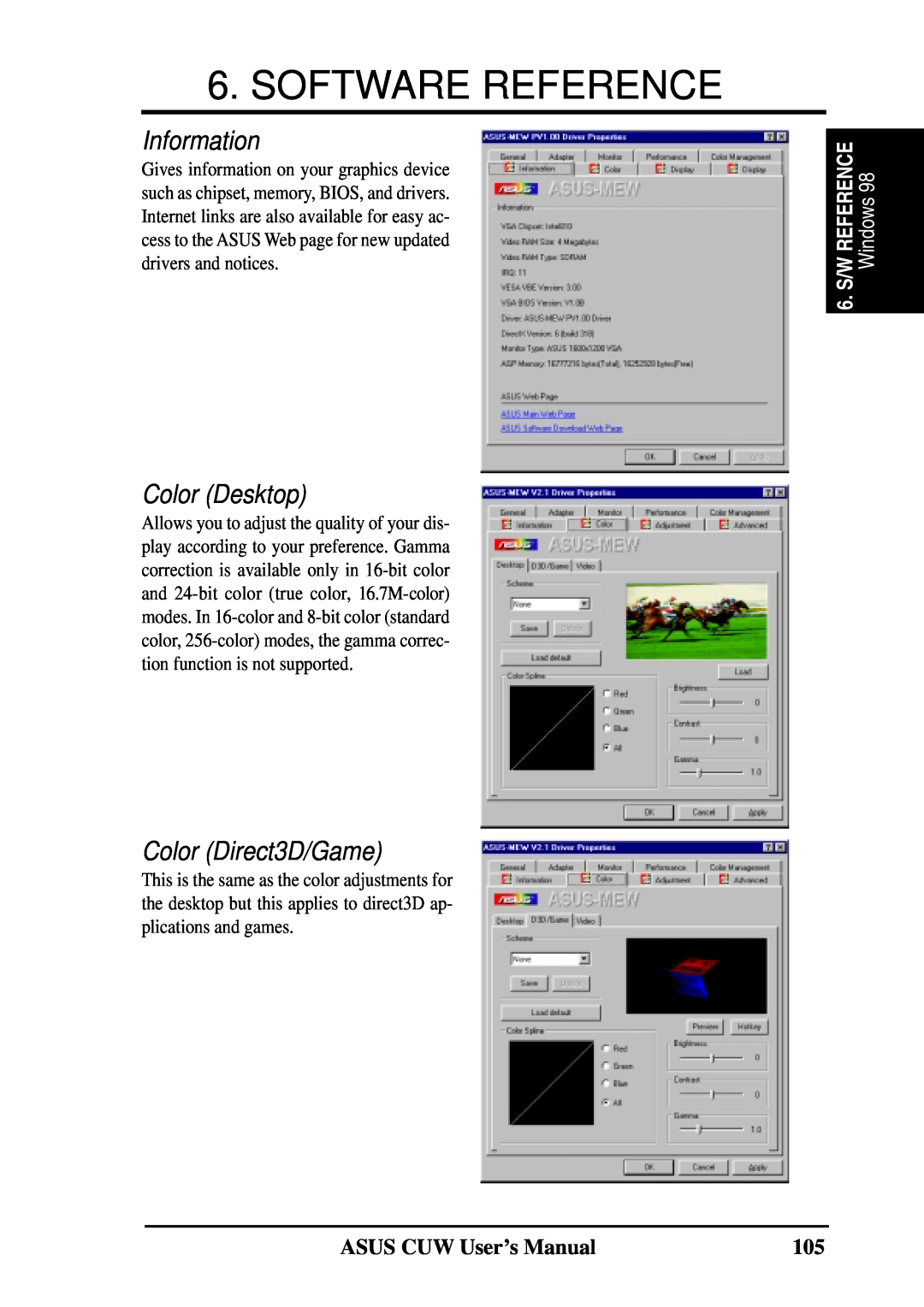 Asus 810 user manual Information, Color Desktop, Color Direct3D/Game, Software Reference, S/Wreference, Windows98 