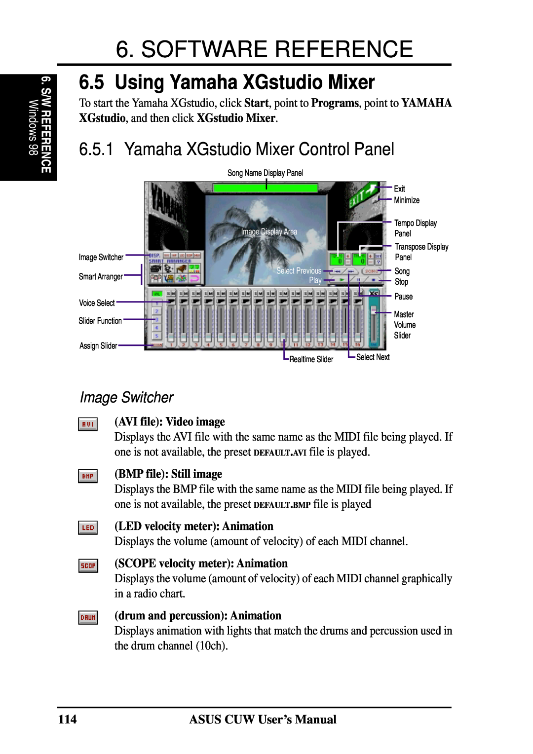 Asus 810 user manual Using Yamaha XGstudio Mixer, Yamaha XGstudio Mixer Control Panel, Image Switcher, AVI file Video image 