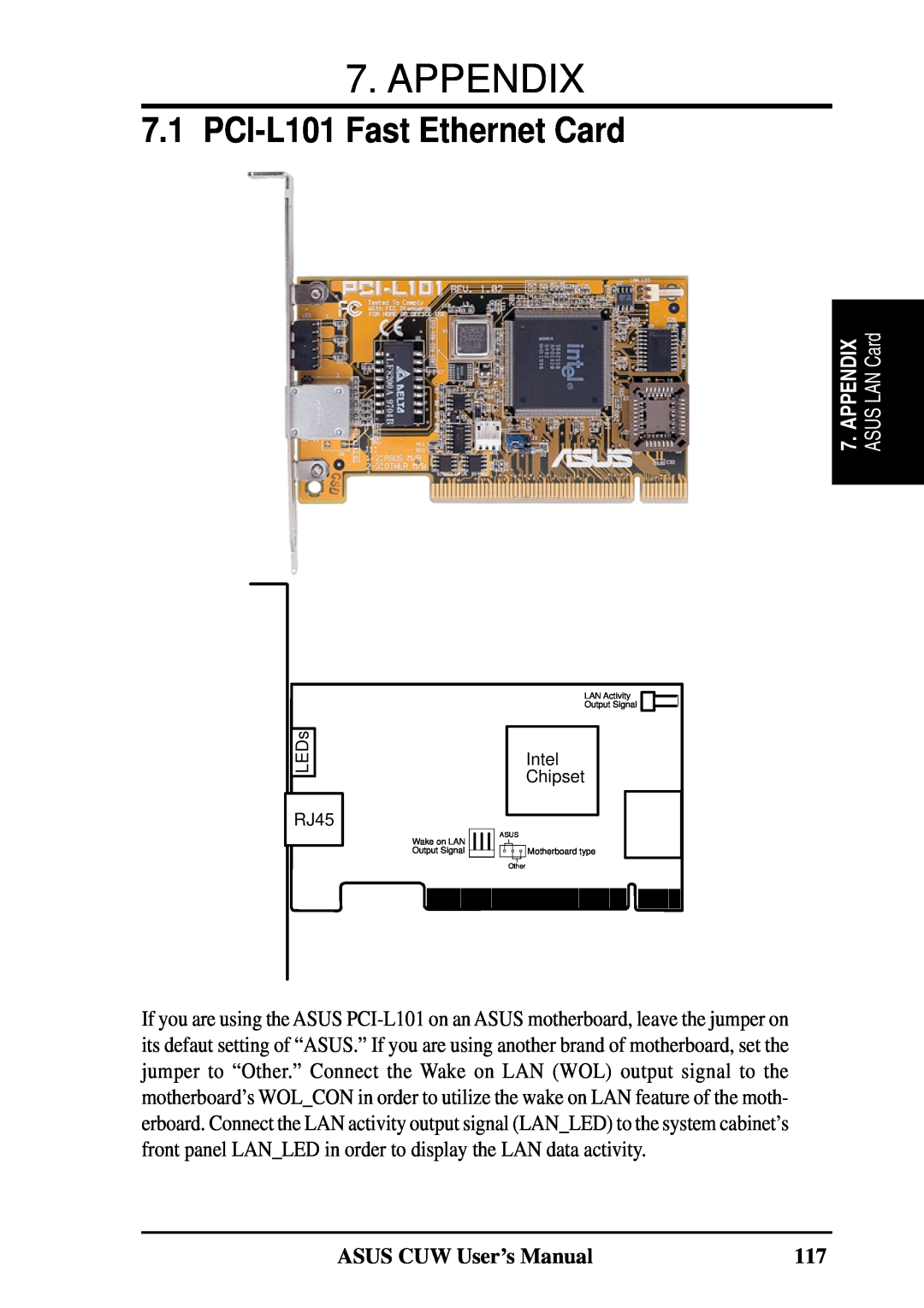 Asus 810 user manual Appendix, PCI-L101 Fast Ethernet Card, ASUS CUW User’s Manual, ASUS LAN Card 