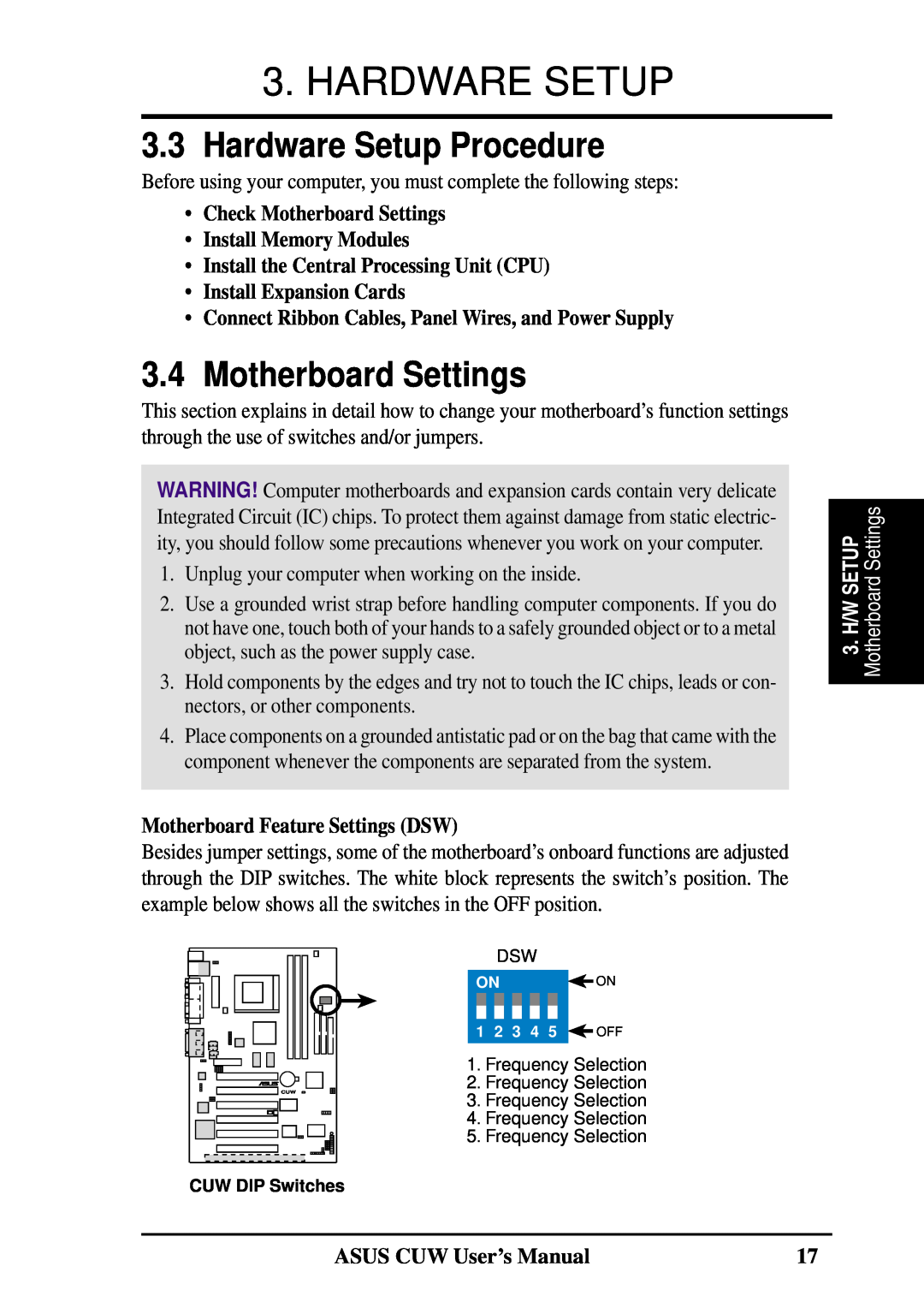 Asus 810 Hardware Setup Procedure, Check Motherboard Settings Install Memory Modules, Motherboard Feature Settings DSW 