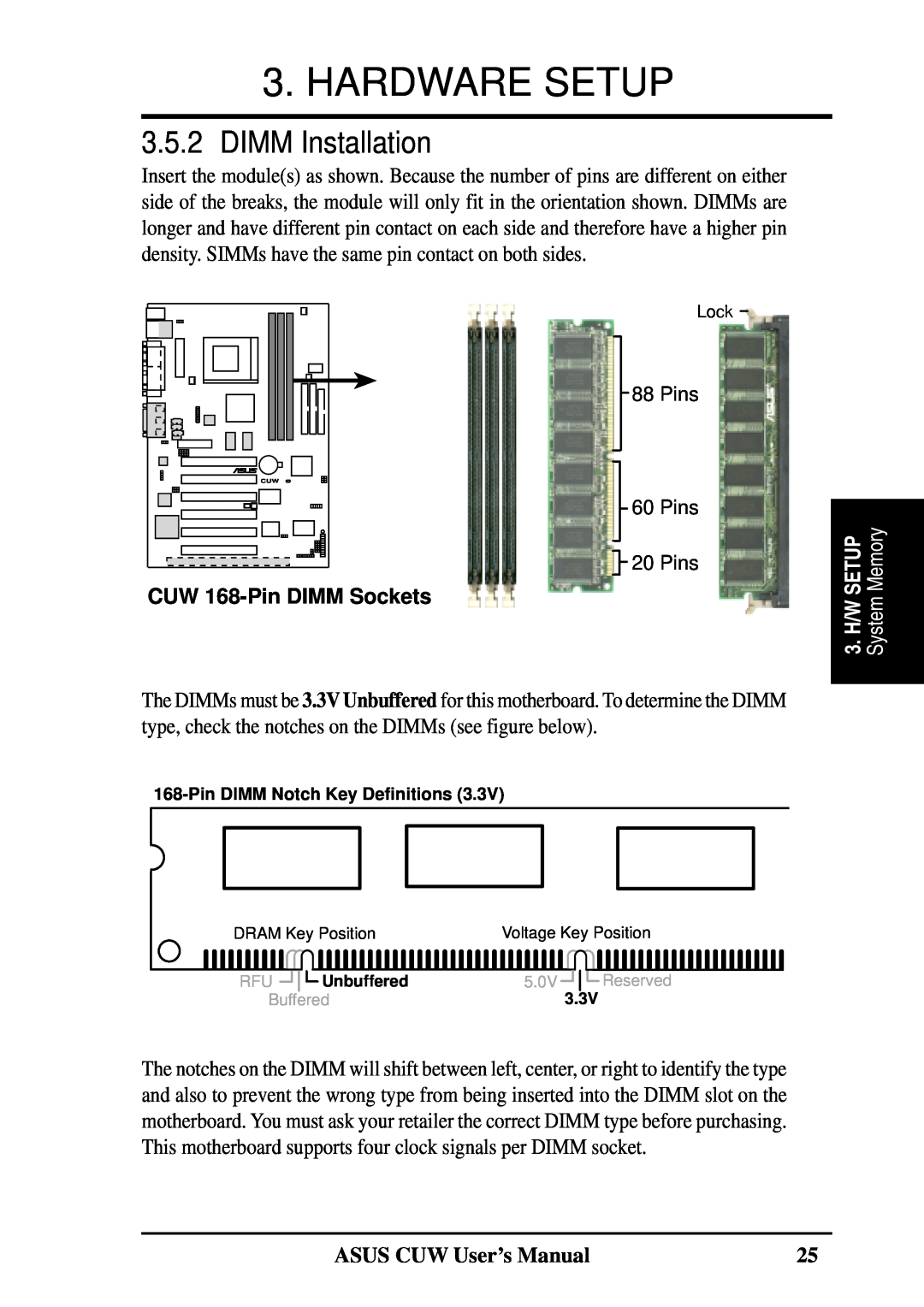 Asus 810 user manual DIMM Installation, Hardware Setup, System Memory, ASUS CUW User’s Manual, CUW 168-Pin DIMM Sockets 