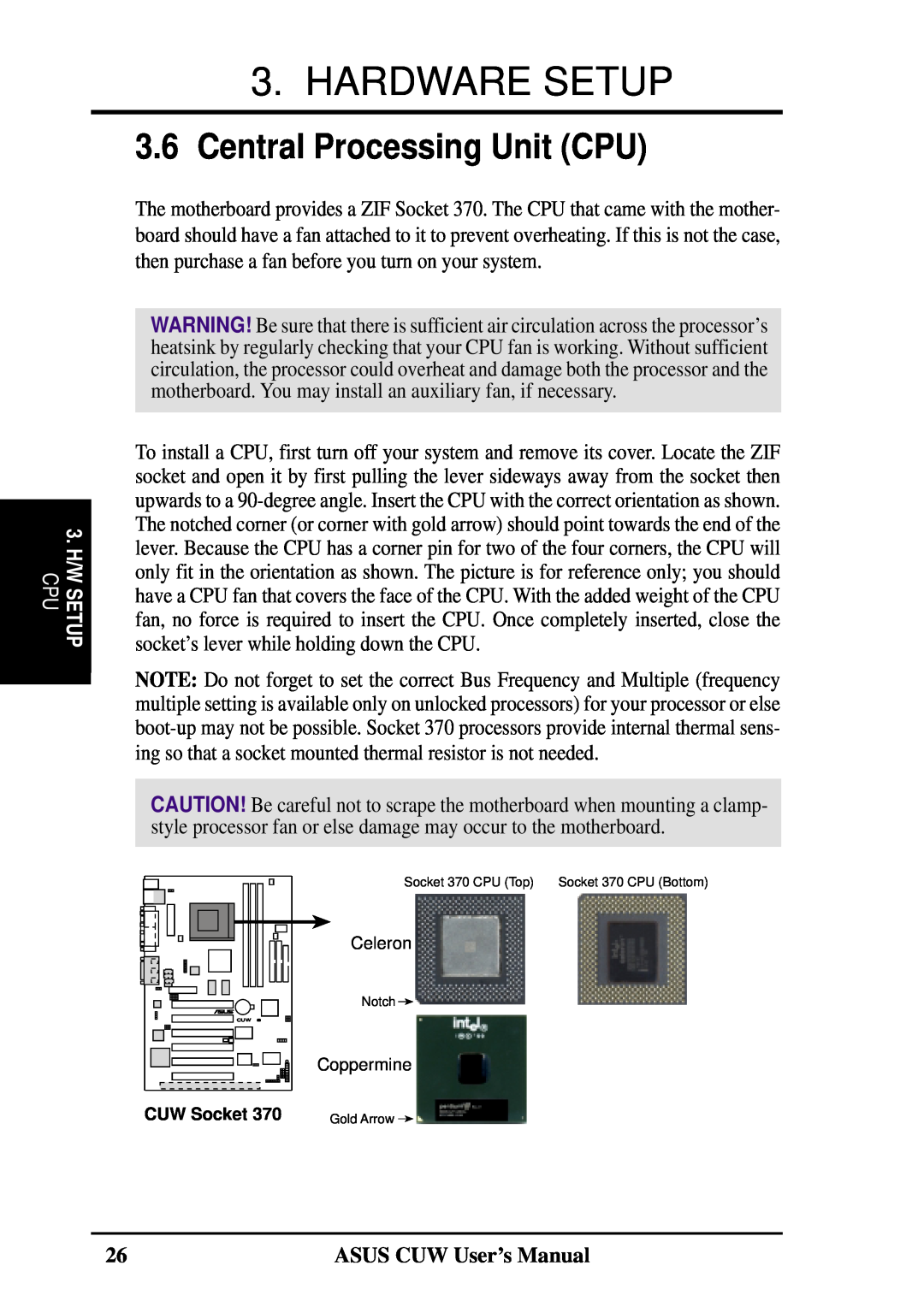 Asus 810 user manual Central Processing Unit CPU, Hardware Setup, ASUS CUW User’s Manual, 3. H/W SETUP CPU 
