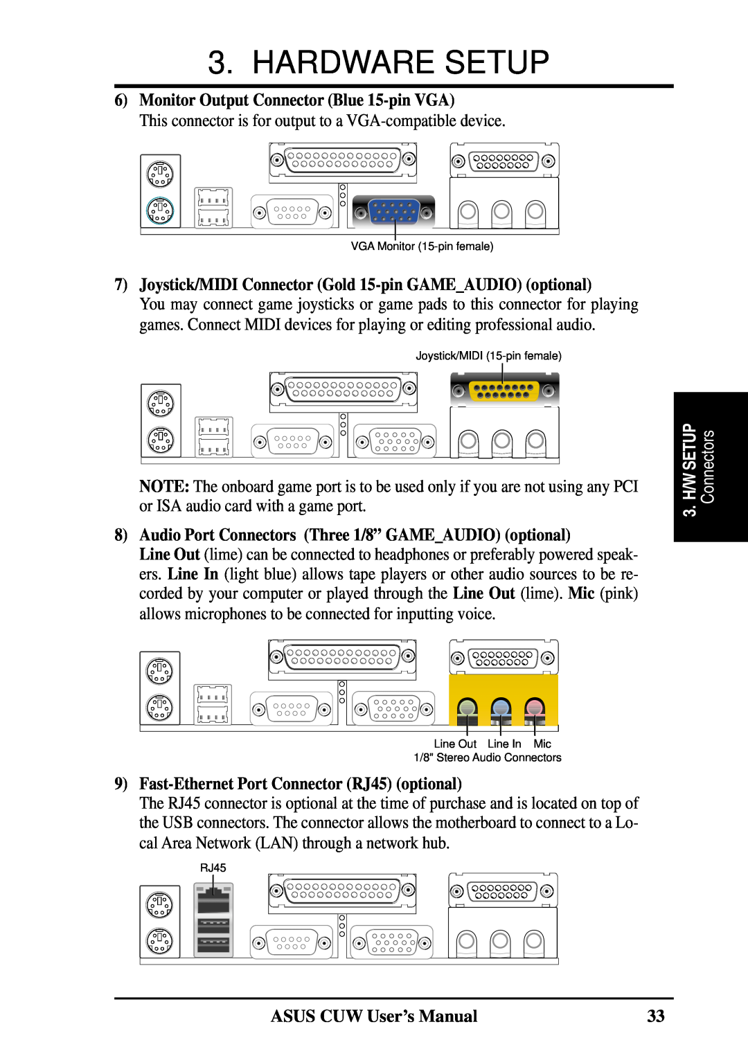 Asus 810 Monitor Output Connector Blue 15-pin VGA, Joystick/MIDI Connector Gold 15-pin GAMEAUDIO optional, Hardware Setup 