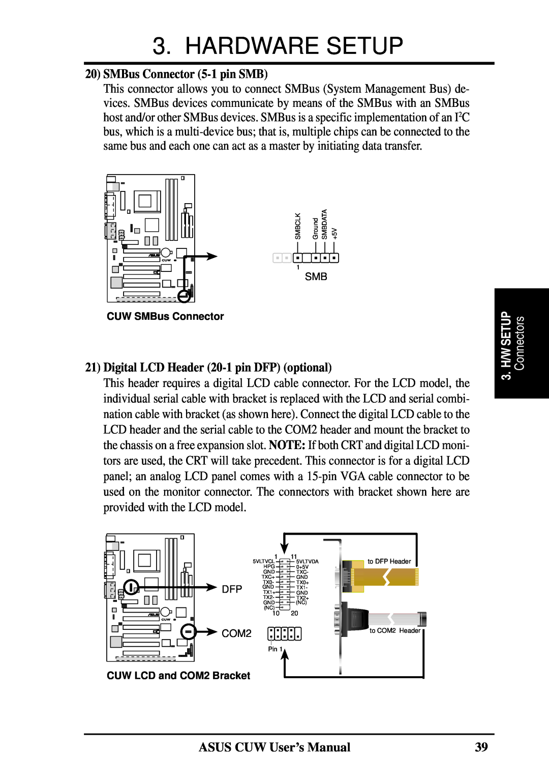 Asus 810 user manual SMBus Connector 5-1 pin SMB, Digital LCD Header 20-1 pin DFP optional, Hardware Setup, Connectors 