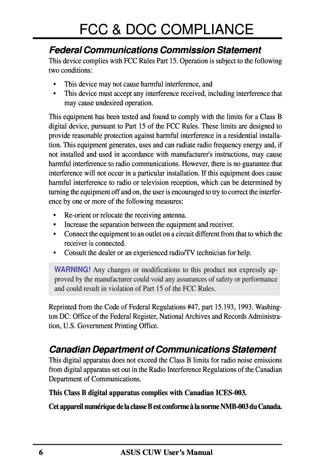 Asus 810 user manual Fcc & Doc Compliance, This Class B digital apparatus complies with Canadian ICES-003 