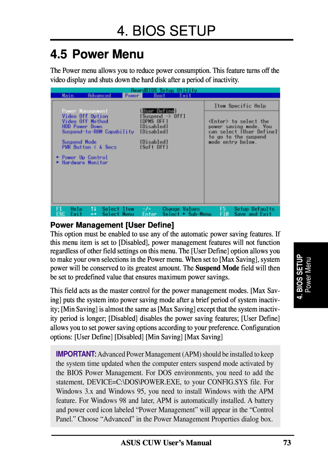 Asus 810 user manual Power Menu, Power Management User Define, PowerMenu, Bios Setup, Biossetup, ASUS CUW User’s Manual 