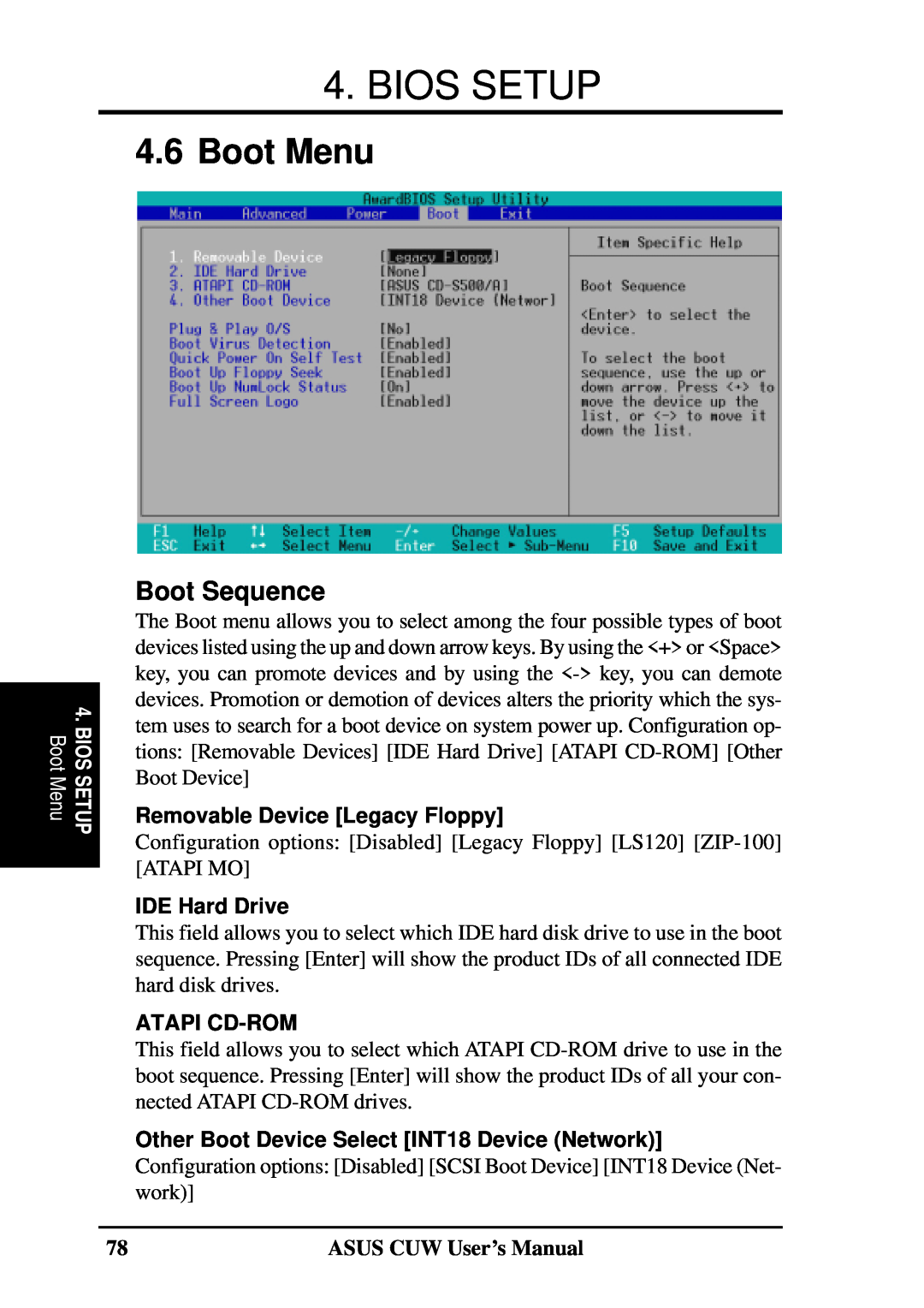Asus 810 user manual Boot Menu, Boot Sequence, Removable Device Legacy Floppy, IDE Hard Drive, Atapi Cd-Rom, Bios Setup 