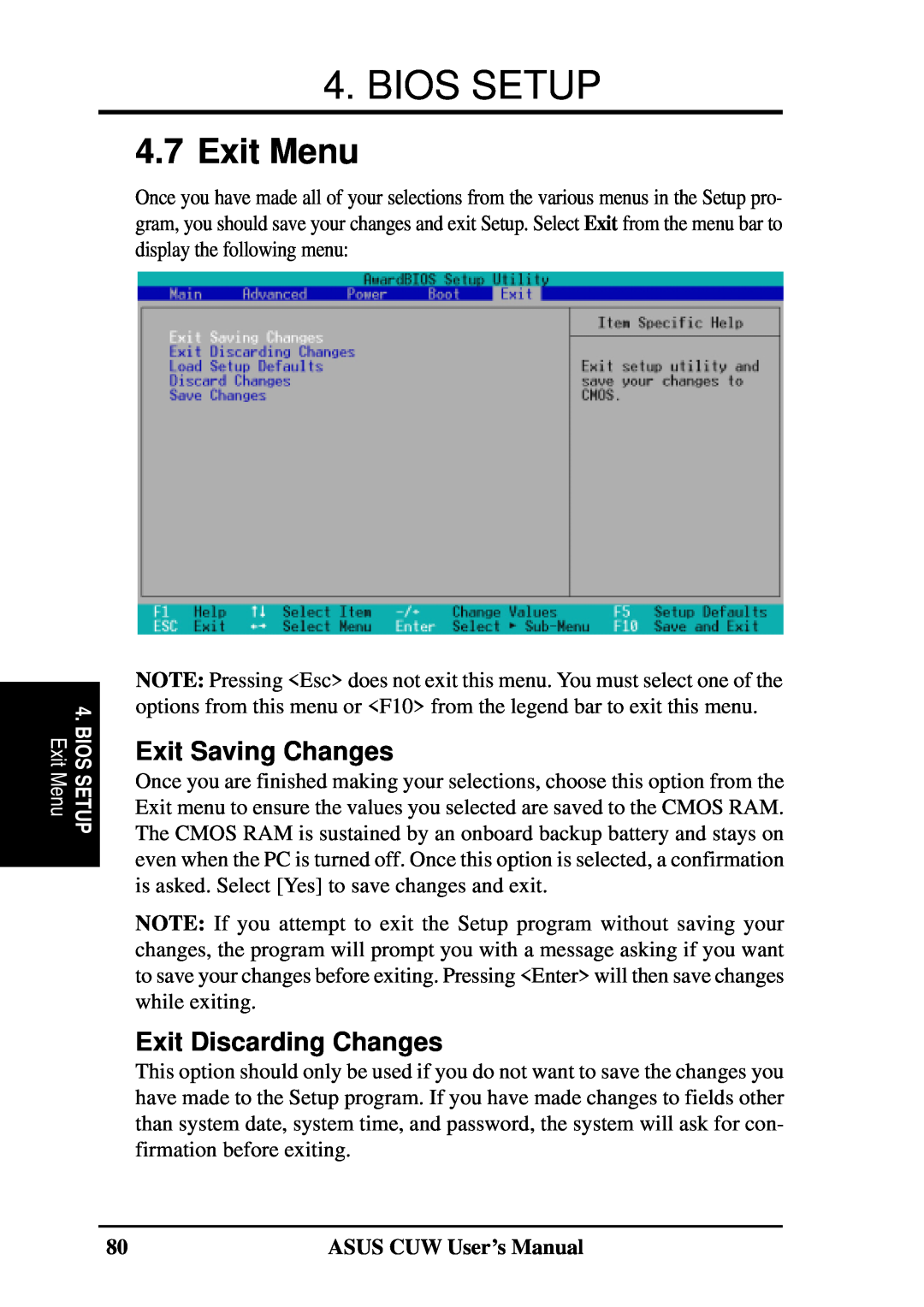 Asus 810 user manual Exit Menu, Exit Saving Changes, Exit Discarding Changes, Bios Setup 