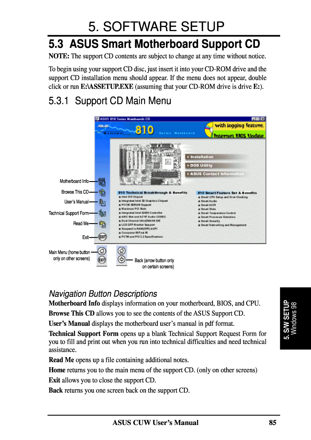 Asus 810 ASUS Smart Motherboard Support CD, Support CD Main Menu, Navigation Button Descriptions, Software Setup, Windows 