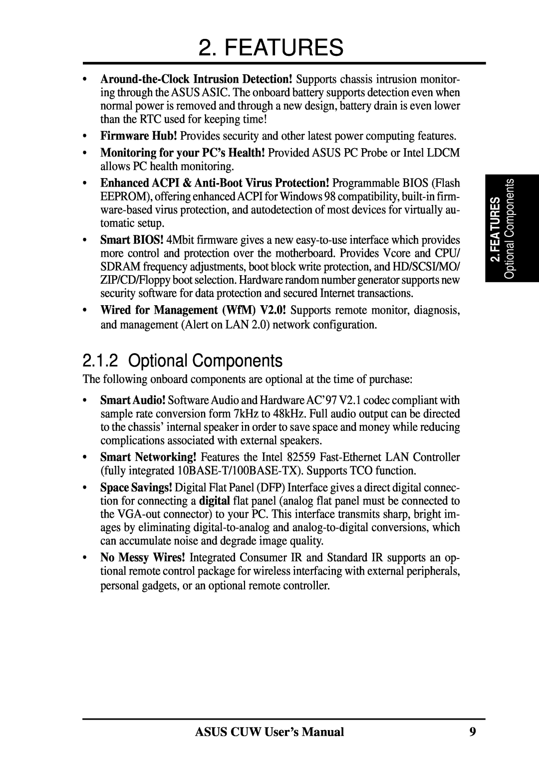 Asus 810 user manual Optional Components, Features, OptionalComponents, ASUS CUW User’s Manual 