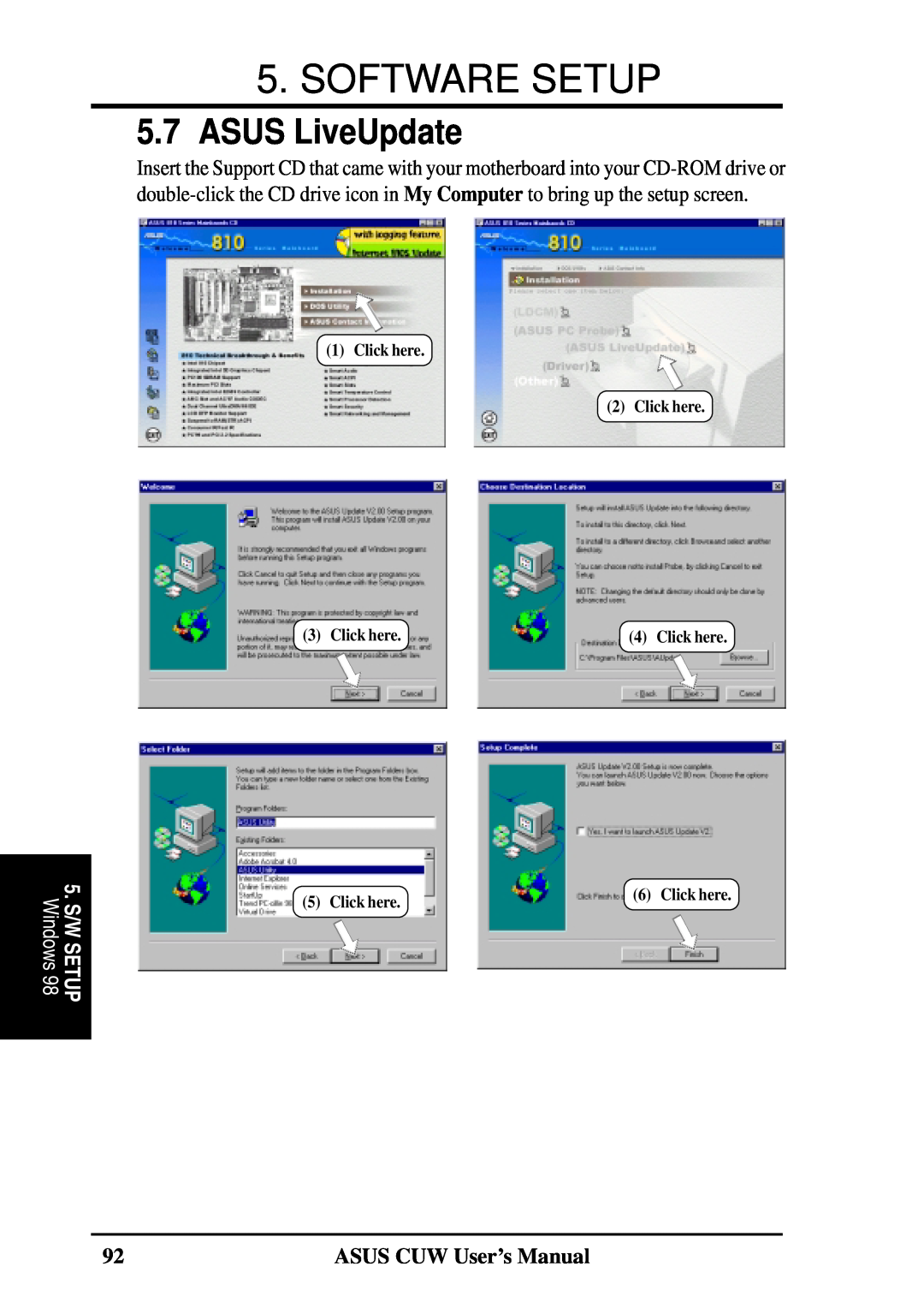 Asus 810 user manual ASUS LiveUpdate, Software Setup, ASUS CUW User’s Manual, Click here, 5. S/W SETUP, Windows 