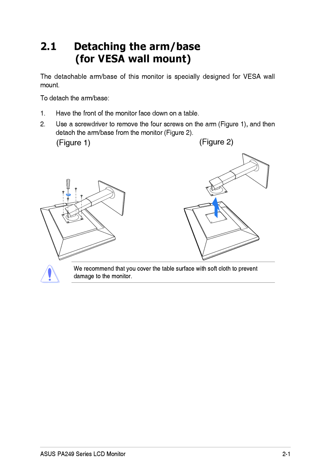 Asus 84WS70MS manual Detaching the arm/base for Vesa wall mount 