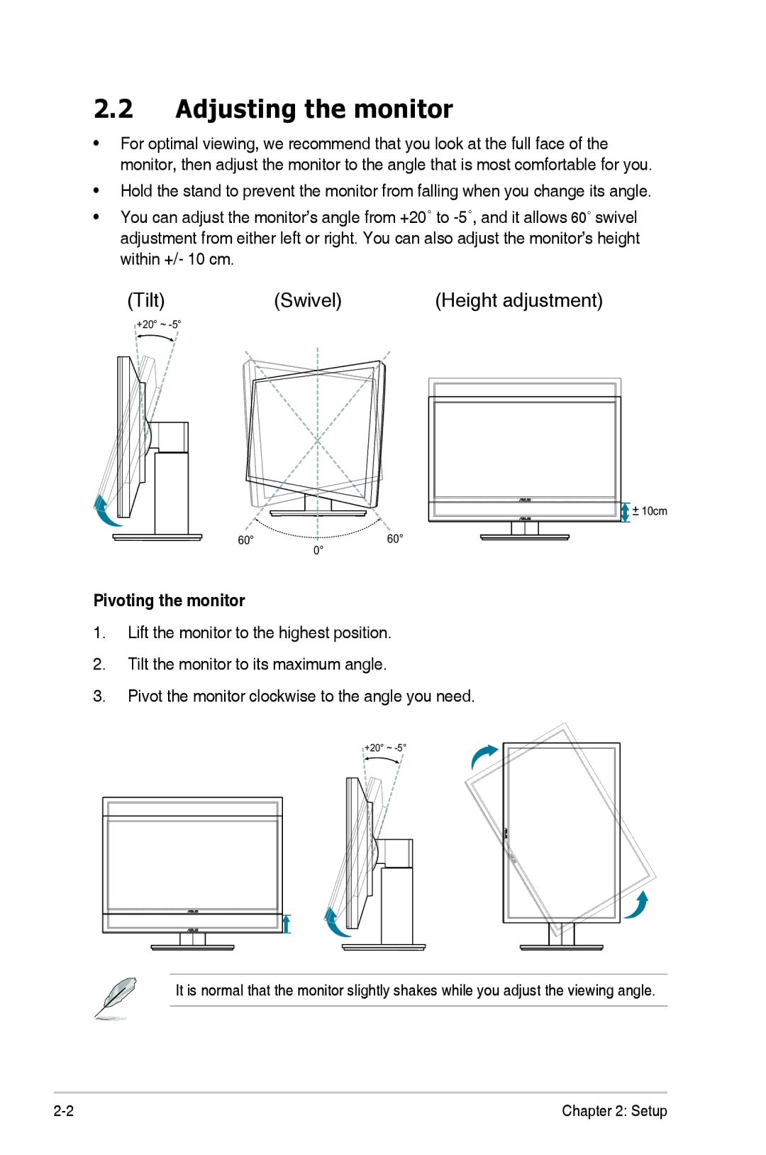 Asus 84WS70MS manual Adjusting the monitor, Pivoting the monitor 